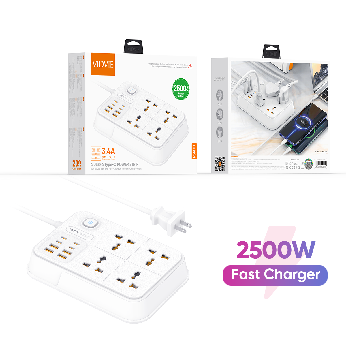 VIDVIE PSM07 US Plug 4 USB+4 Type-C Power Strip