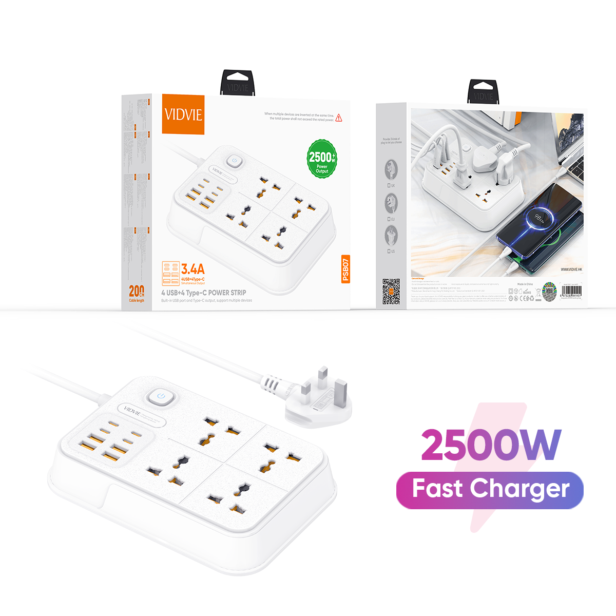 VIDVIE PSB07 UK Plug 4 USB+4 Type-C Power Strip