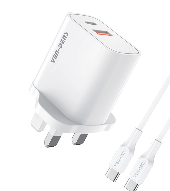 Wholesale Price white 20W USB A+Type-C ports UK pins  Fast charging  travel charger with 60W Type-C to Type-C cable