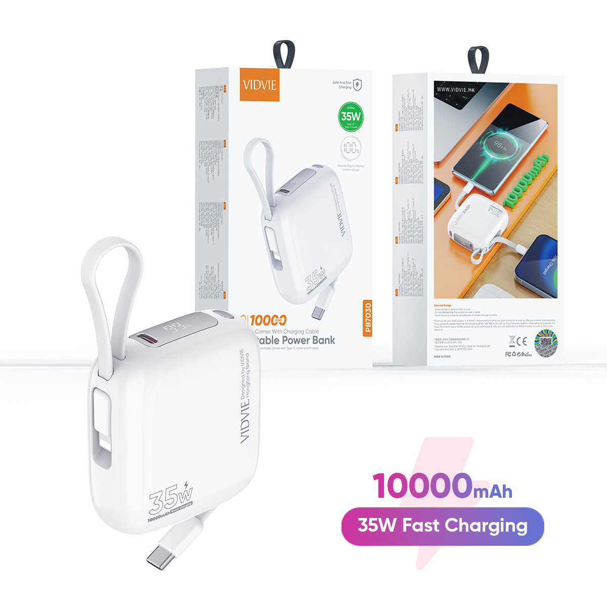 VIDVIE PB7030 10000mAh Mini Powerbank With Built-in Cables