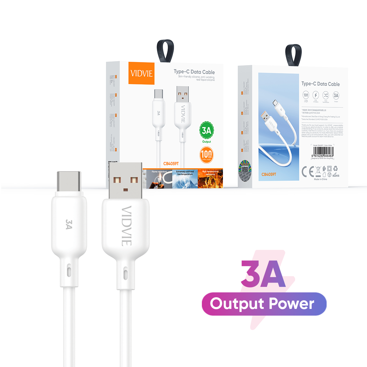 VIDVIE CB4059T High Speed USB C Cable White Data Line Cable Charger for Iphone