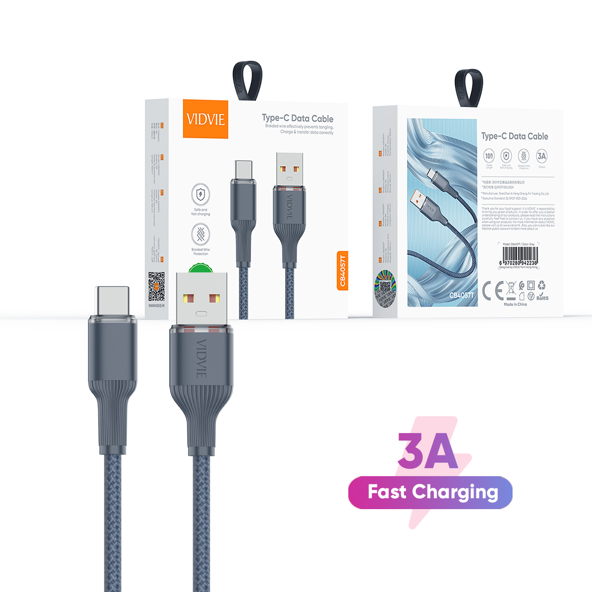 VIDVIE CB4057T Braided Type C Fast Charging Cable 3A 1M Charger Cable