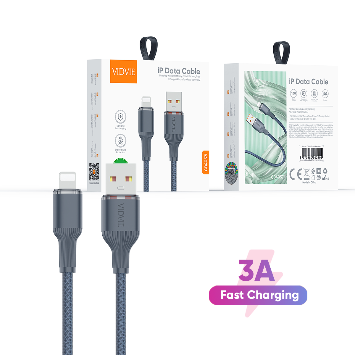 VIDVIE CB4057i 3A Braid 1M USB to Lightning Charger Cable