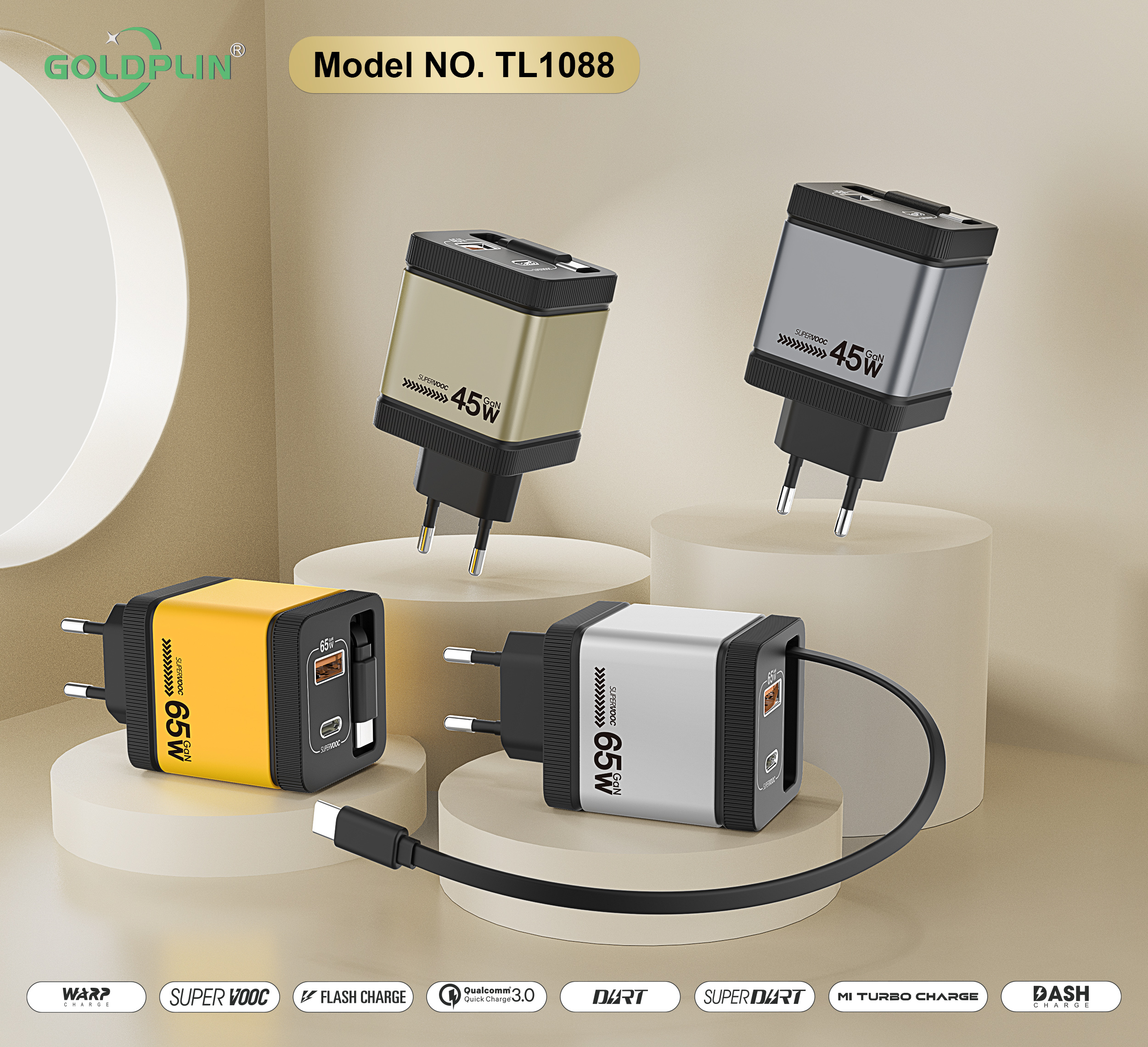 Goldplin EU 1088 PPS/PD 65W/45W GaN charger extension cable, A+C fast charging head,Charging faster and safer,Support OEM ODM