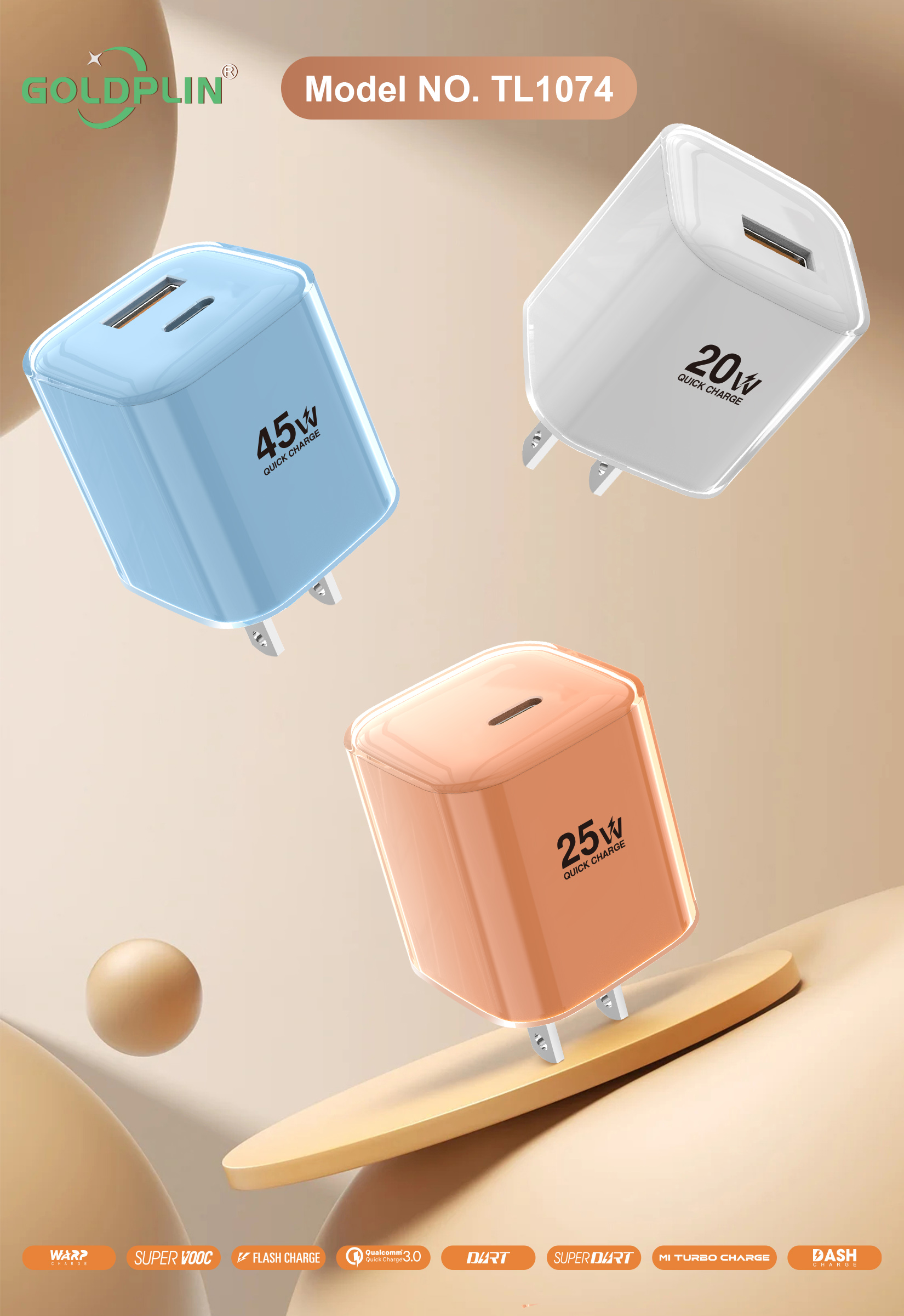 TL1074 Quick Phone Charger 20W/25W/45W US PIN Customized charger Factory-Goldplin Supplier OEM ODM SKD Wholesale