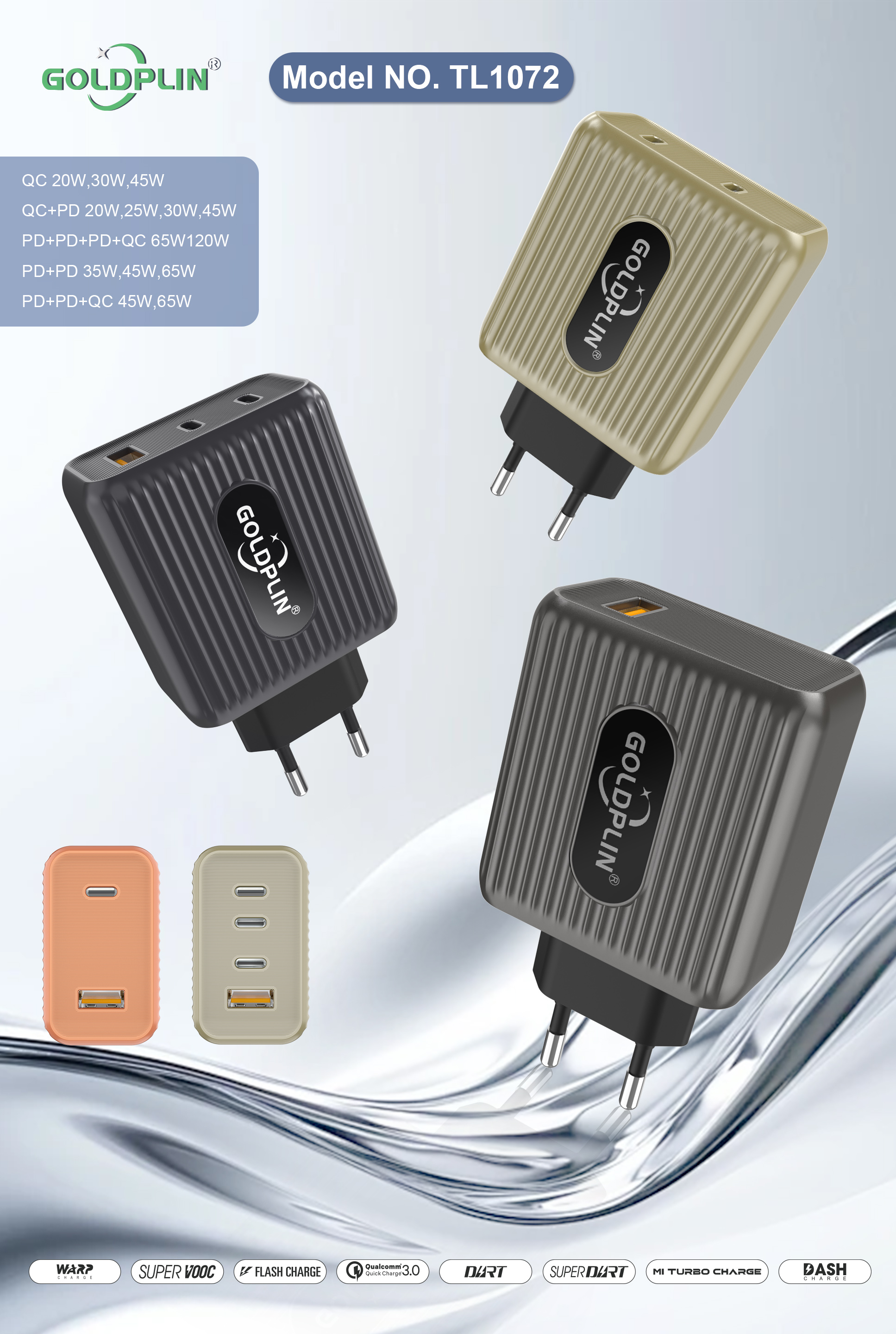 Goldplin TL1072 EU PIN QC/PD/A+C/A+C+C/A+C+C+C Super fast Charger 20W/25W/30W/35W/45W/65W/120W Custom phone charger Factory OEM