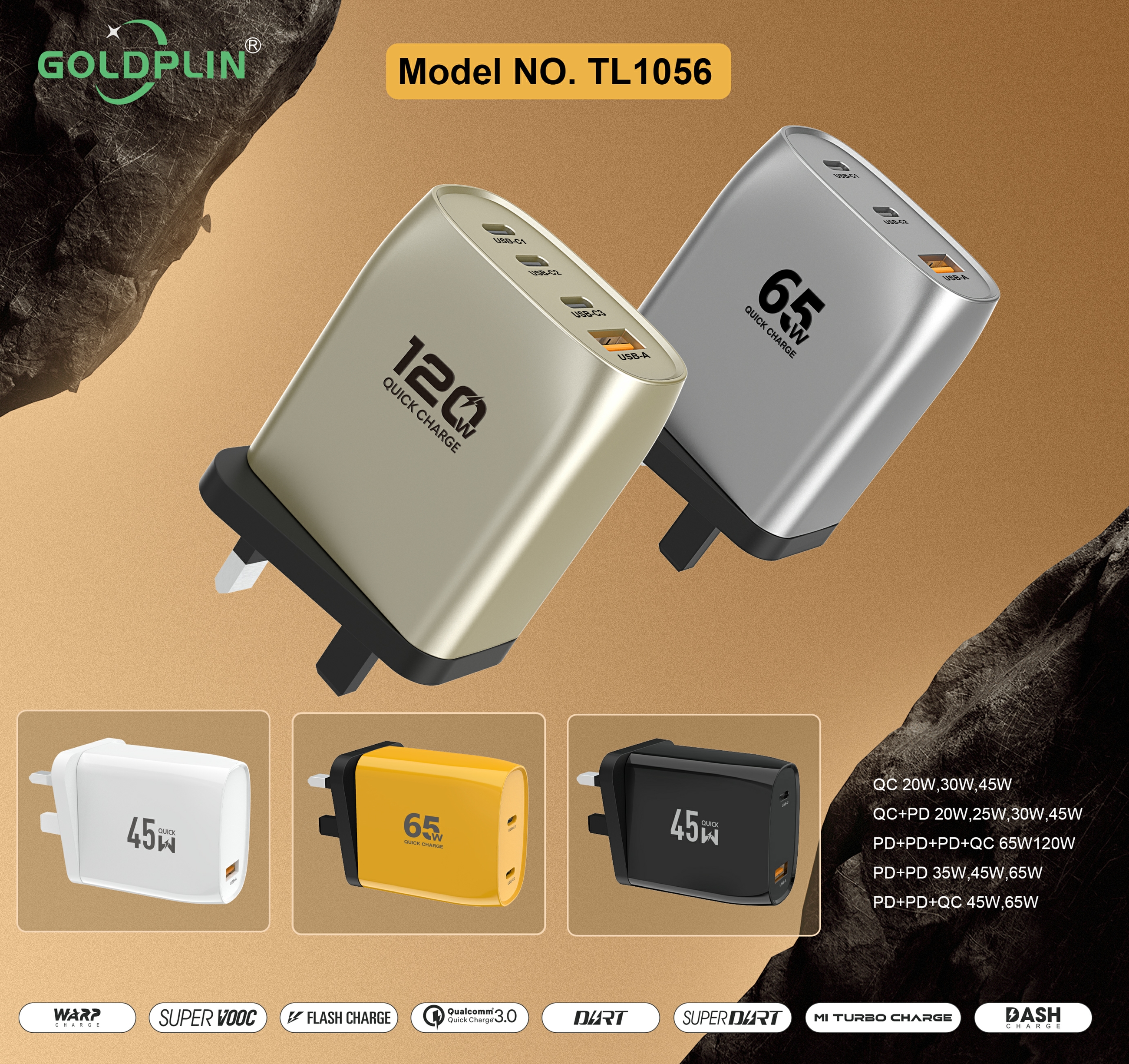 TL1056 UK PIN Phone Fast charger Full protocol custom phone charger QC/A+C/2PD/A+C+C/A+C+C+C 20W/25W/30W/35W/45W/65W/120W