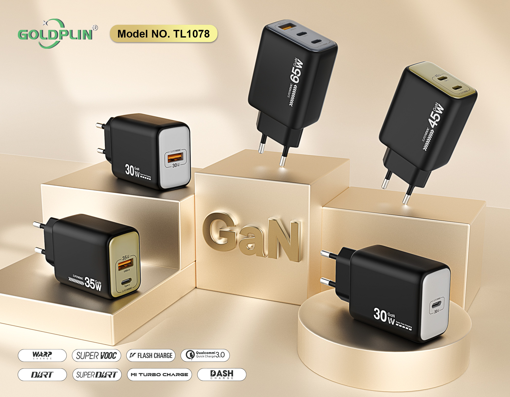 GaN Fast phone Charger Goldplin TL1078 EU PIN PD/A+C/A+C+C 25W/30W/45W/65W Support SKD OEM ODM