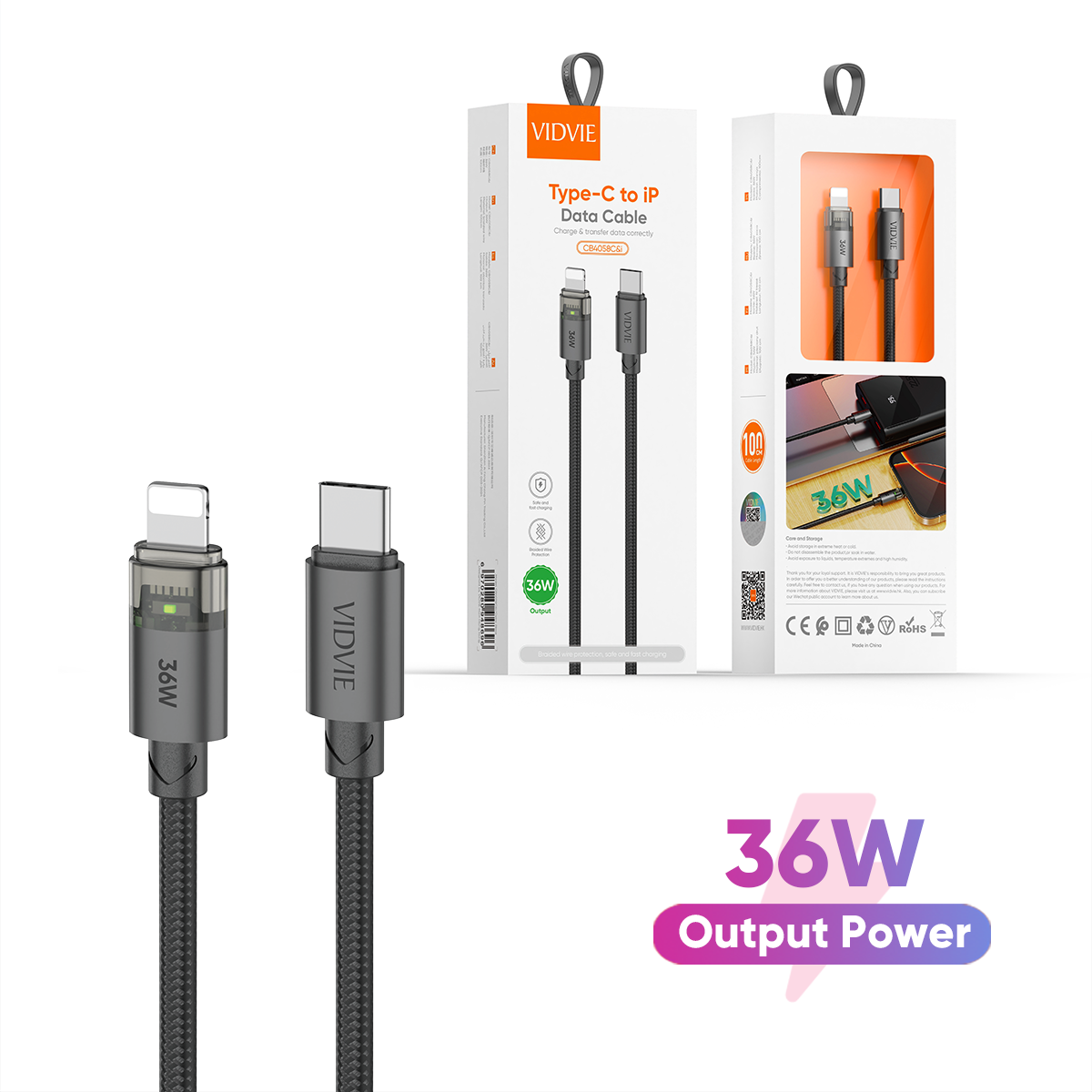 VIDVIE CB4058C&i PD 36W USB C to Lightning Data Cable
