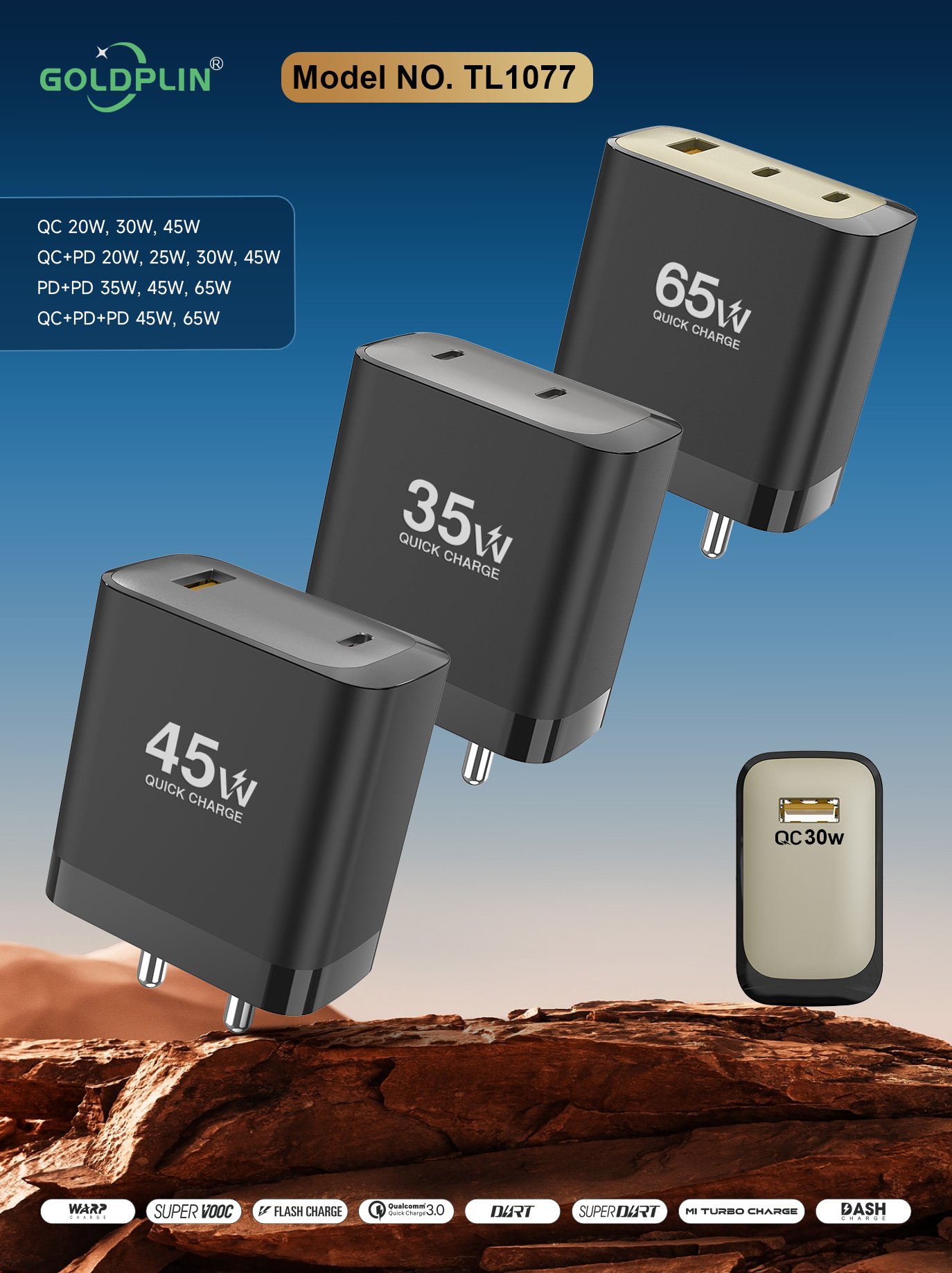 Goldplin TL1077 GaN BIS Power Adapter Mobile Phone Charger 25W/30W/35W/45W/65W, Support SKD OEM ODM