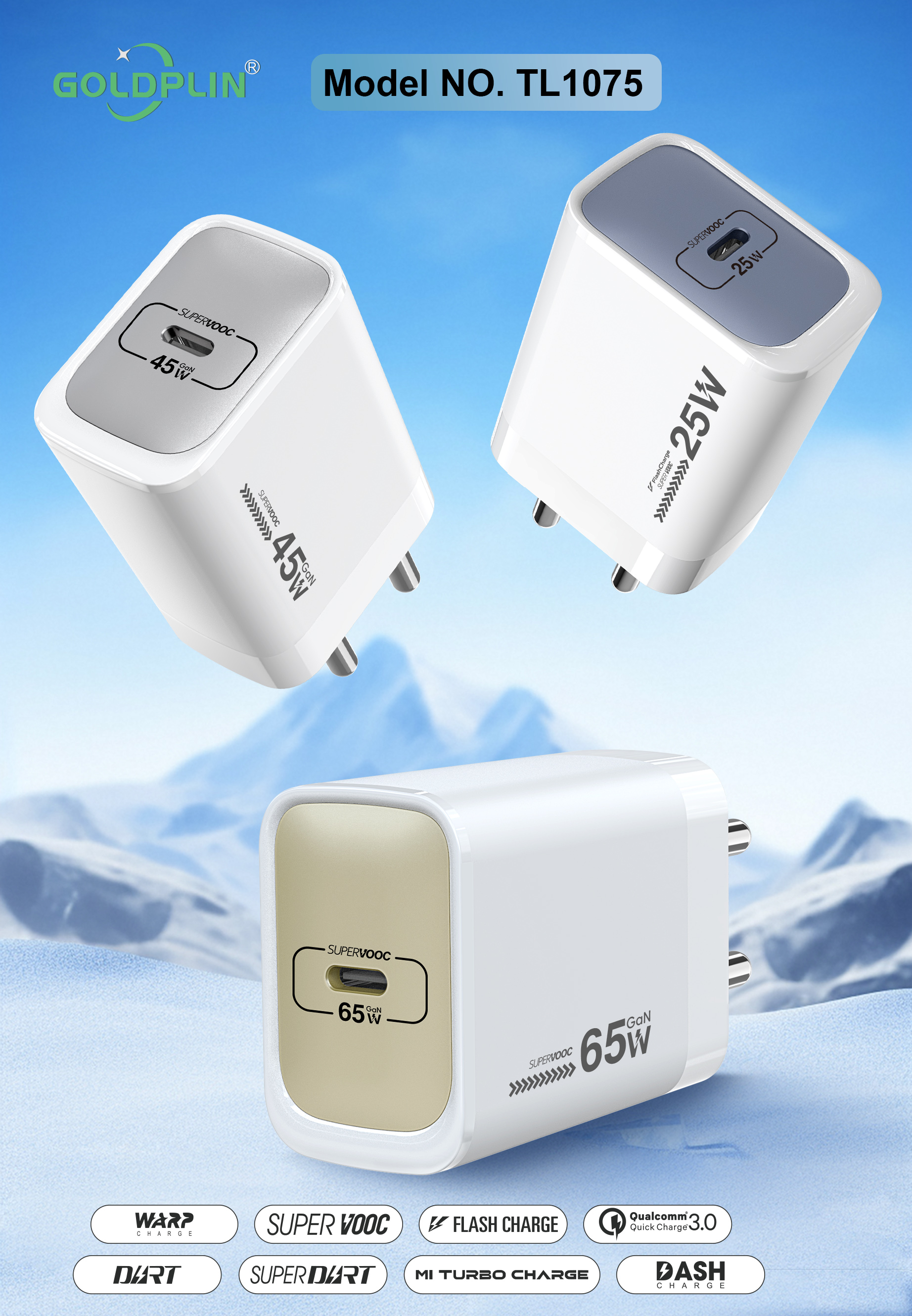 Goldplin TL1075 GaN BIS PIN QC/2PD 65W/45W/35W/25W Fast Phone Charger,Customized charger Factory,Supplier OEM ODM SKD Wholesale