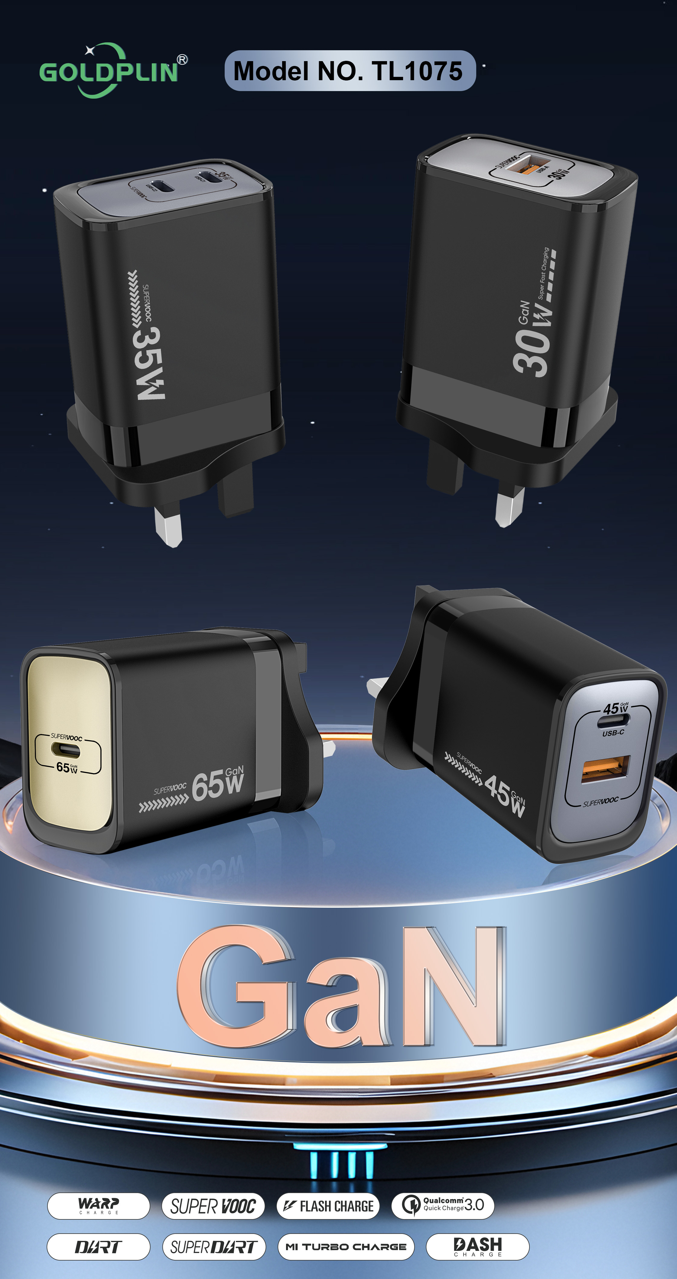 Goldplin TL1075 GaN UK PIN QC/2PD/A+C 65W/45W/35W/25W Fast Phone Charger,Customized charger Factory,Supplier OEM ODM SKD Wholesa