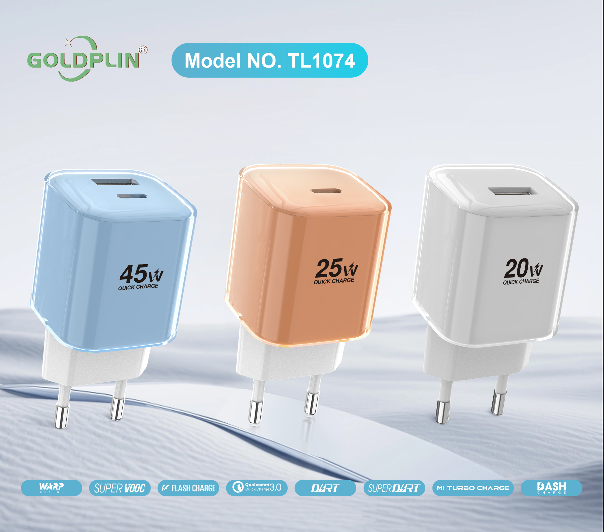 TL 1074 Quick Phone Charger 20W/25W/45W EU PIN Customized charger Factory-Goldplin Supplier OEM ODM SKD Wholesale