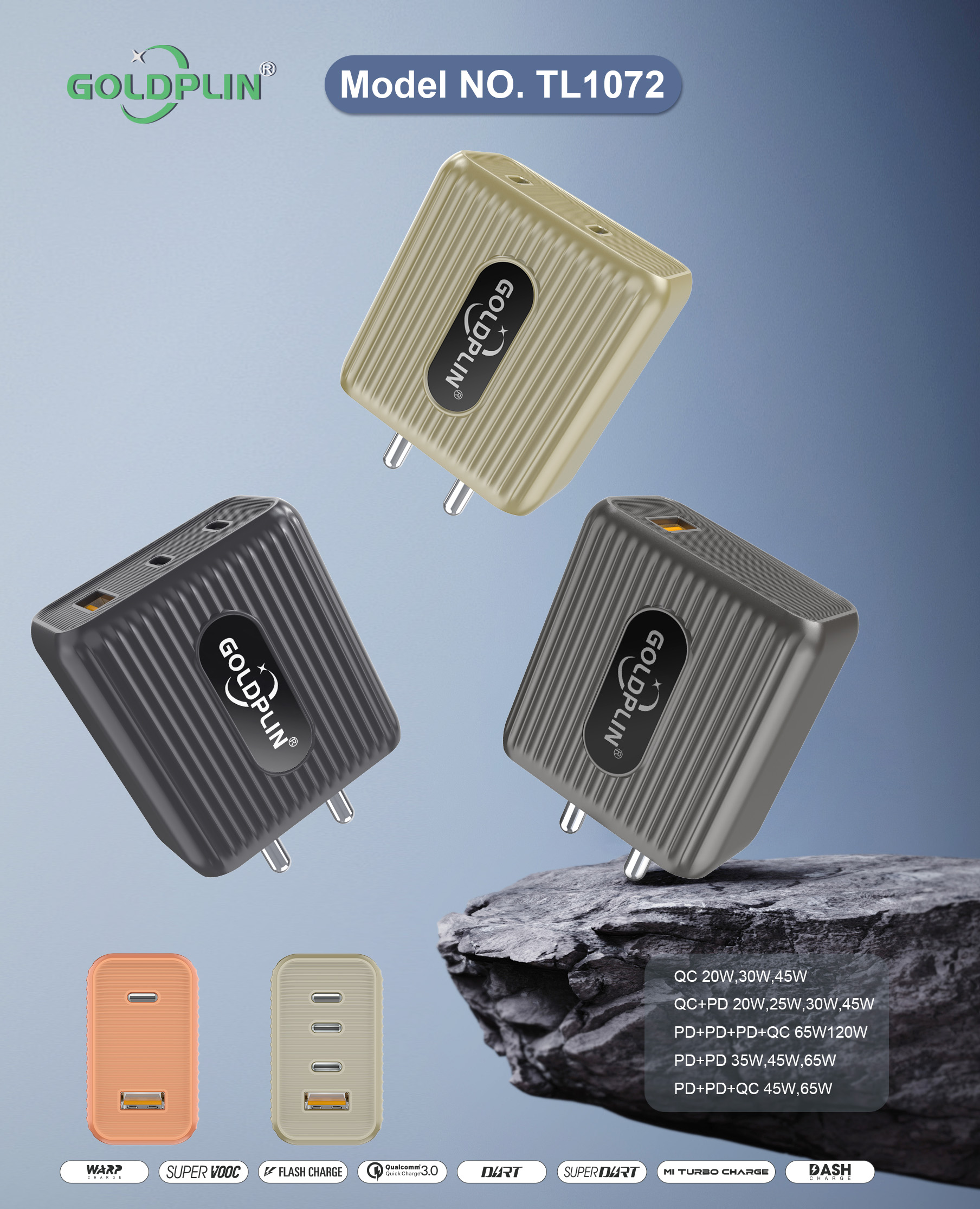 QC/PD/A+C/A+C+C/A+C+C+C Super fast Charger Goldplin TL1072BIS PIN 20W/25W/30W/35W/45W/65W/120W, Custom phone charger Factory OEM