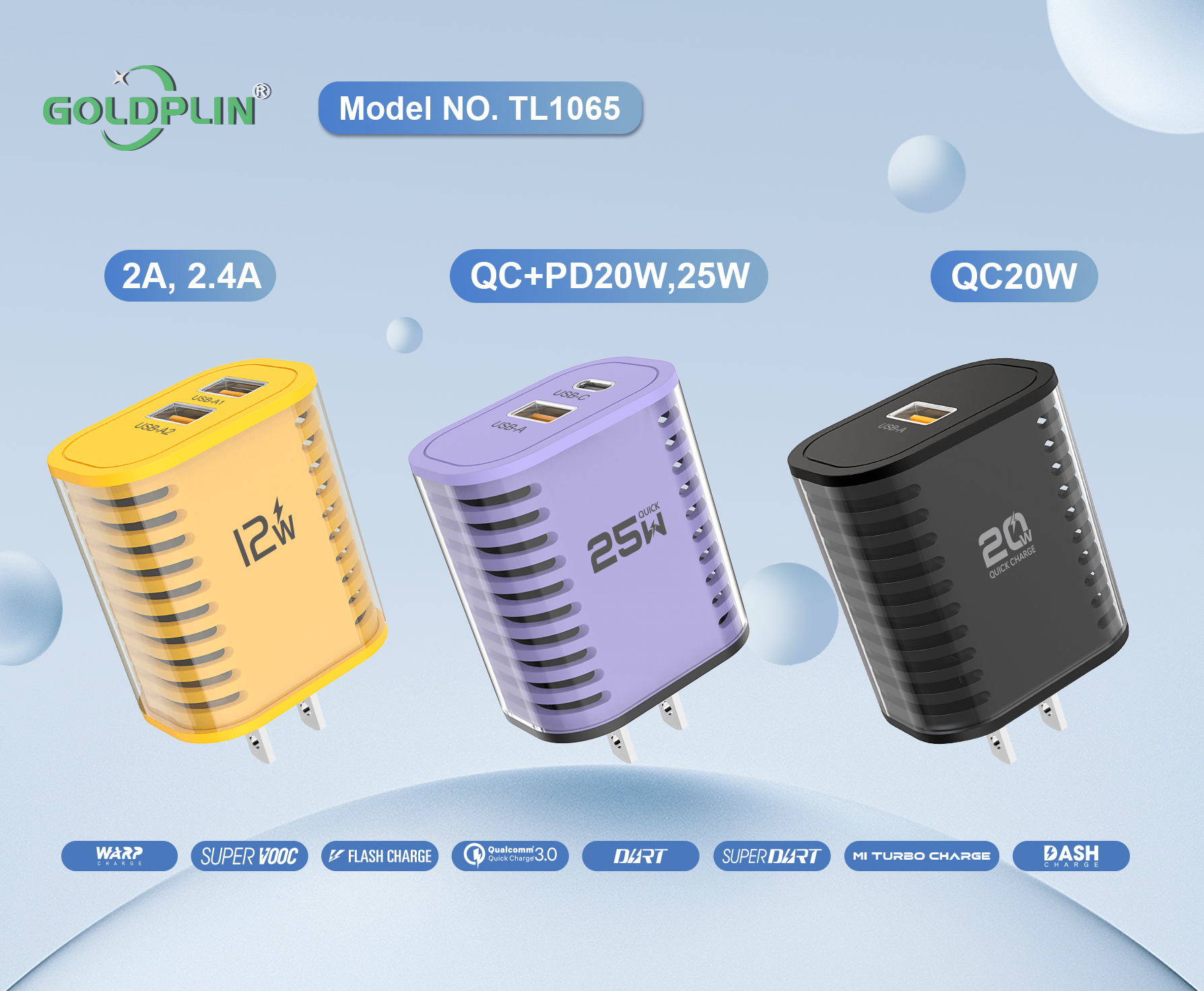 TL1065 US PIN Supervooc phone Fast Charger 2A.2.4A/QC+PD/QC 12W/20W/25W/30W