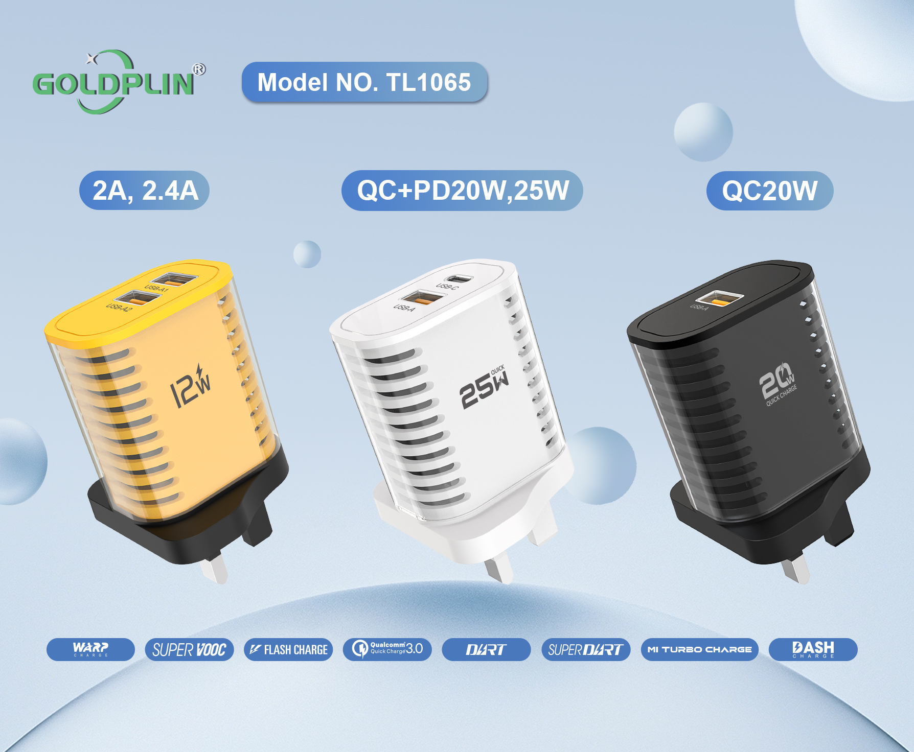 TL1065 UK PIN Supervooc phone Fast Charger 2A.2.4A/QC+PD/QC 12W/20W/25W/30W