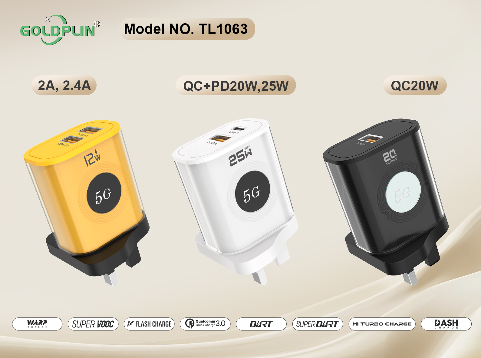 TL1063 UK PIN SuperFast Phone Charger 2A.2.4A/QC+PD/QC 12W/20W/25W/30W, Custom phone chargers factory