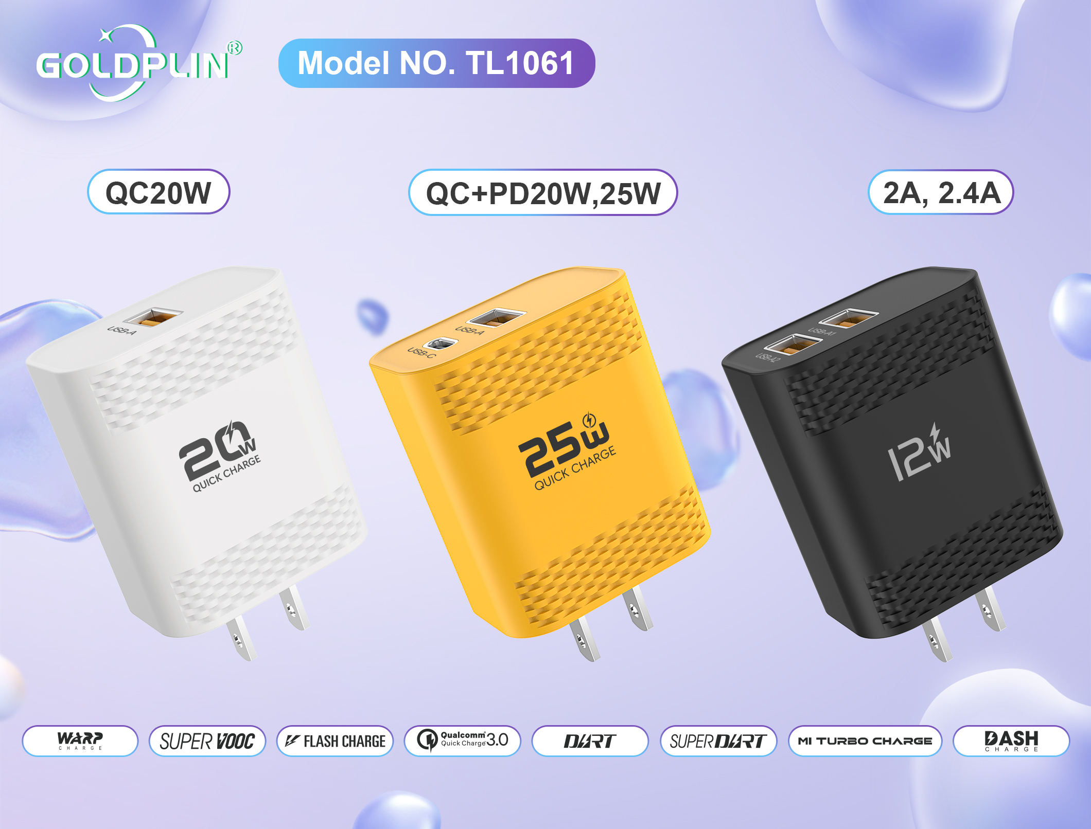 TL1061 EU PIN Super Fast Phone Charger Full protocol 2A.2.4A/QC+PD/QC 12W/20W/25W/30W, Custom phone chargers factory