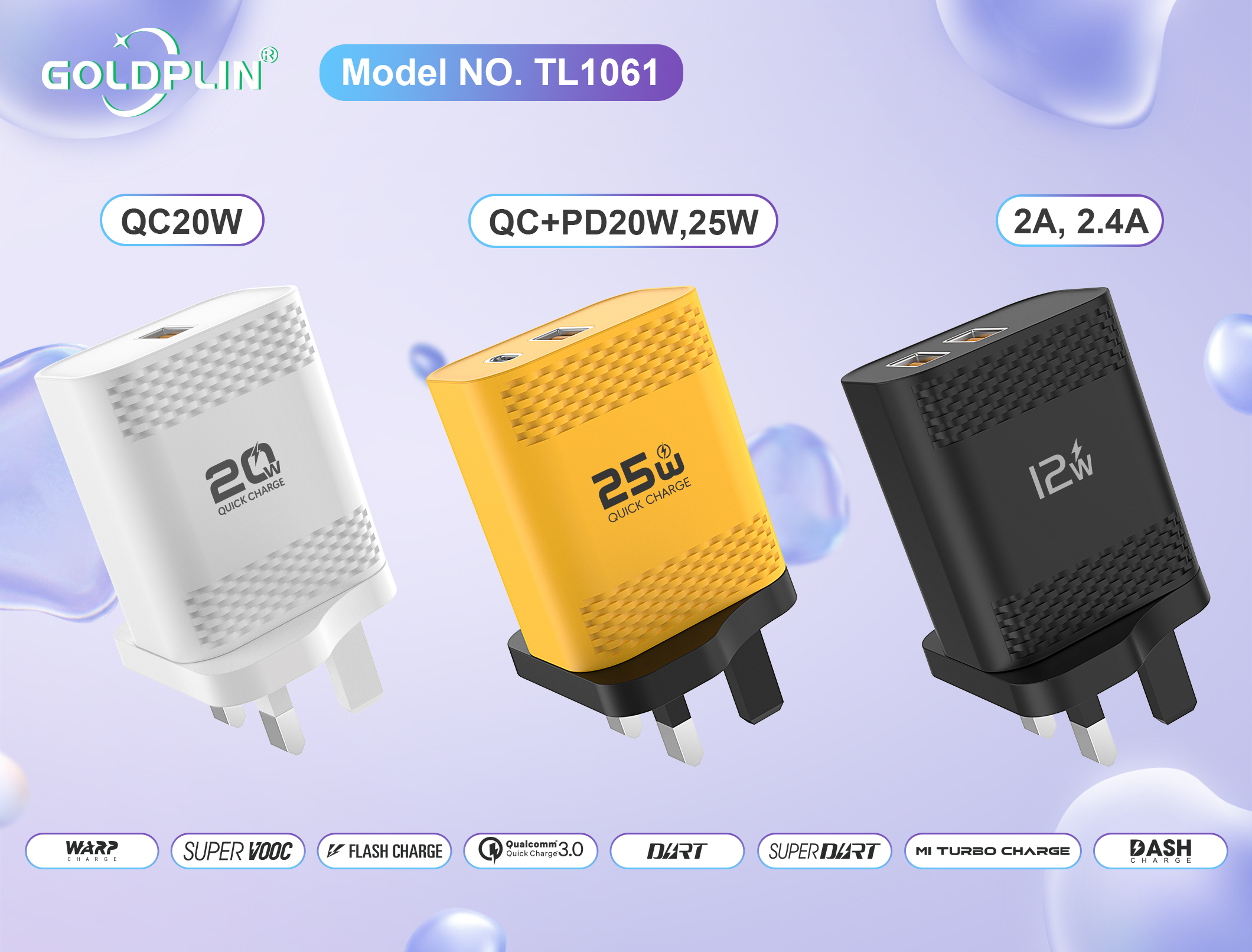 TL1061 UK PIN Super Fast Phone Charger Full protocol 2A.2.4A/QC+PD/QC 12W/20W/25W/30W, Custom phone chargers factory