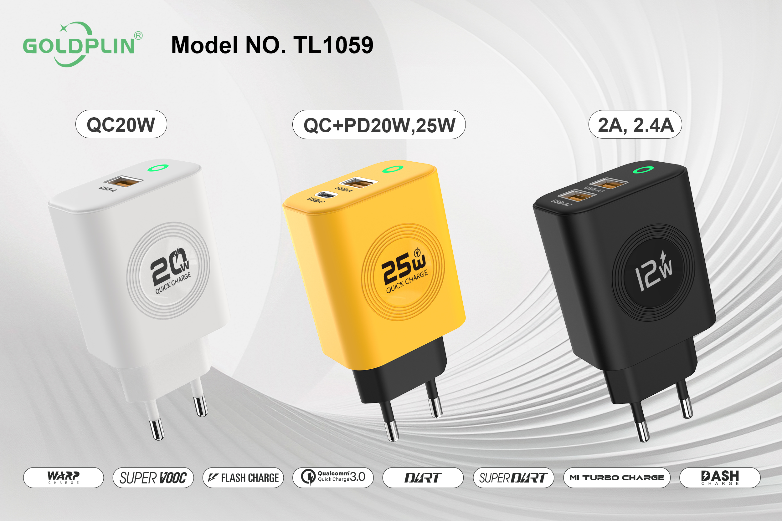 TL1059 EU PIN Super Fast Phone Charger Full protocol 2A.2.4A/QC+PD/QC 12W/20W/25W/30W, Custom phone chargers factory