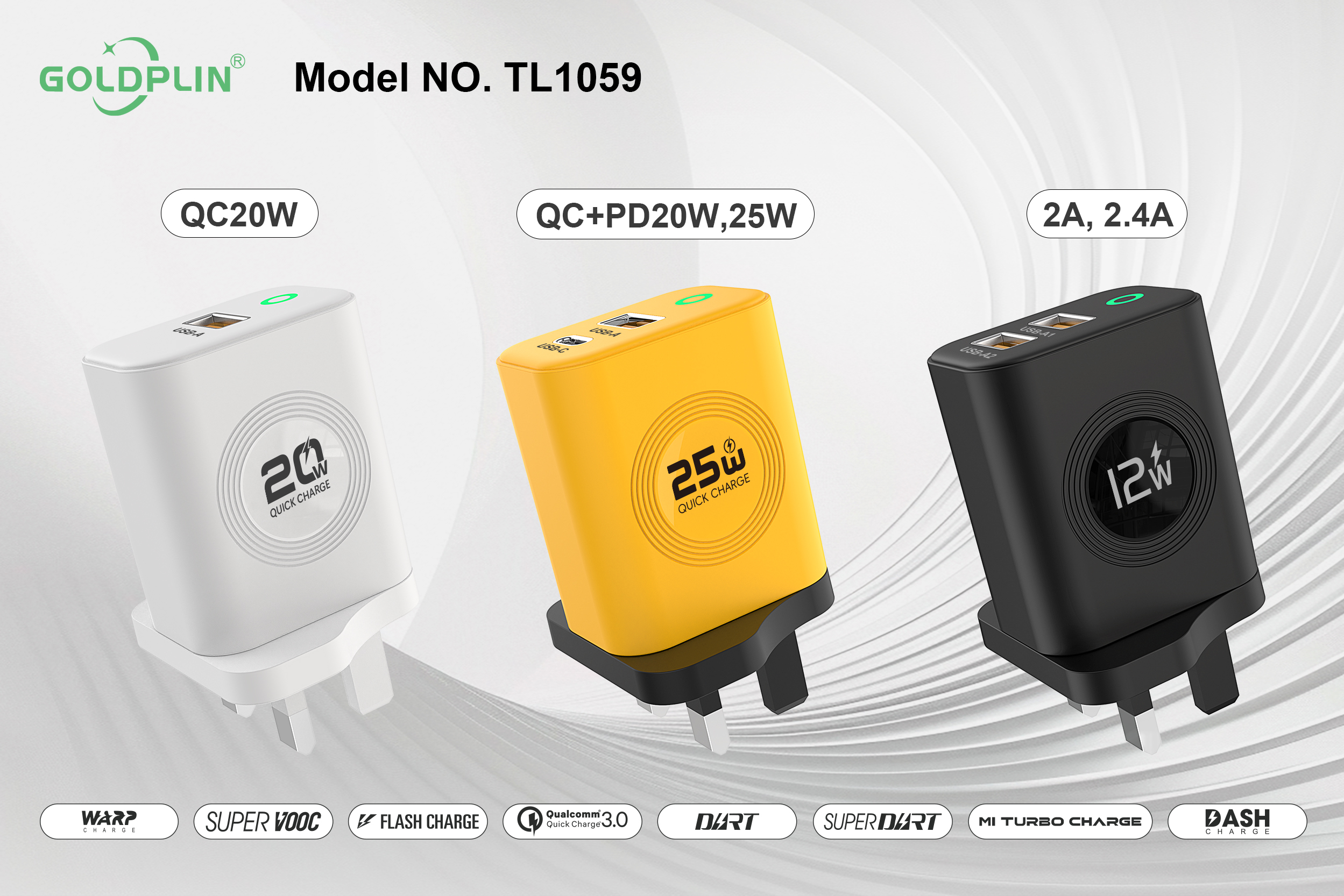 TL1059 UK PIN Super Fast Phone Charger Full protocol 2A.2.4A/QC+PD/QC 12W/20W/25W/30W, Custom phone chargers factory