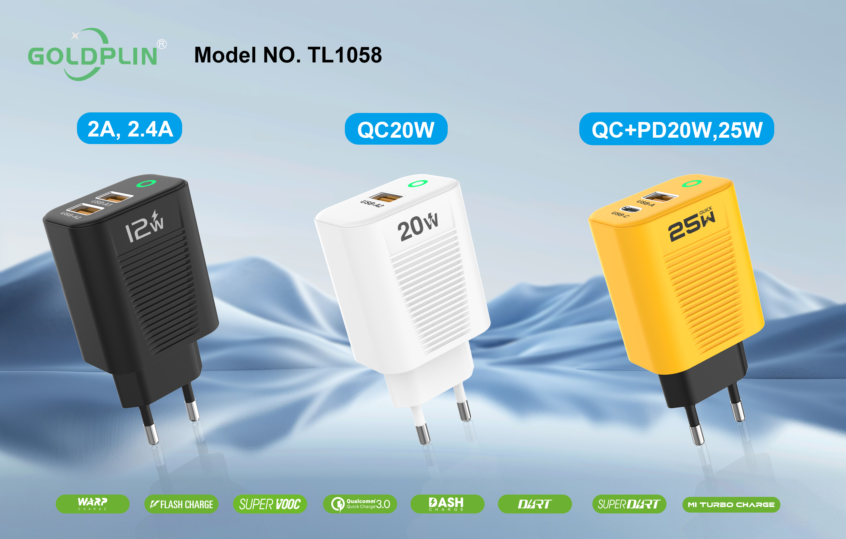 TL1058 EU PIN Super Fast Phone Charger Full protocol 2A.2.4A/QC+PD/QC 12W/20W/25W/30W, Custom phone chargers factory