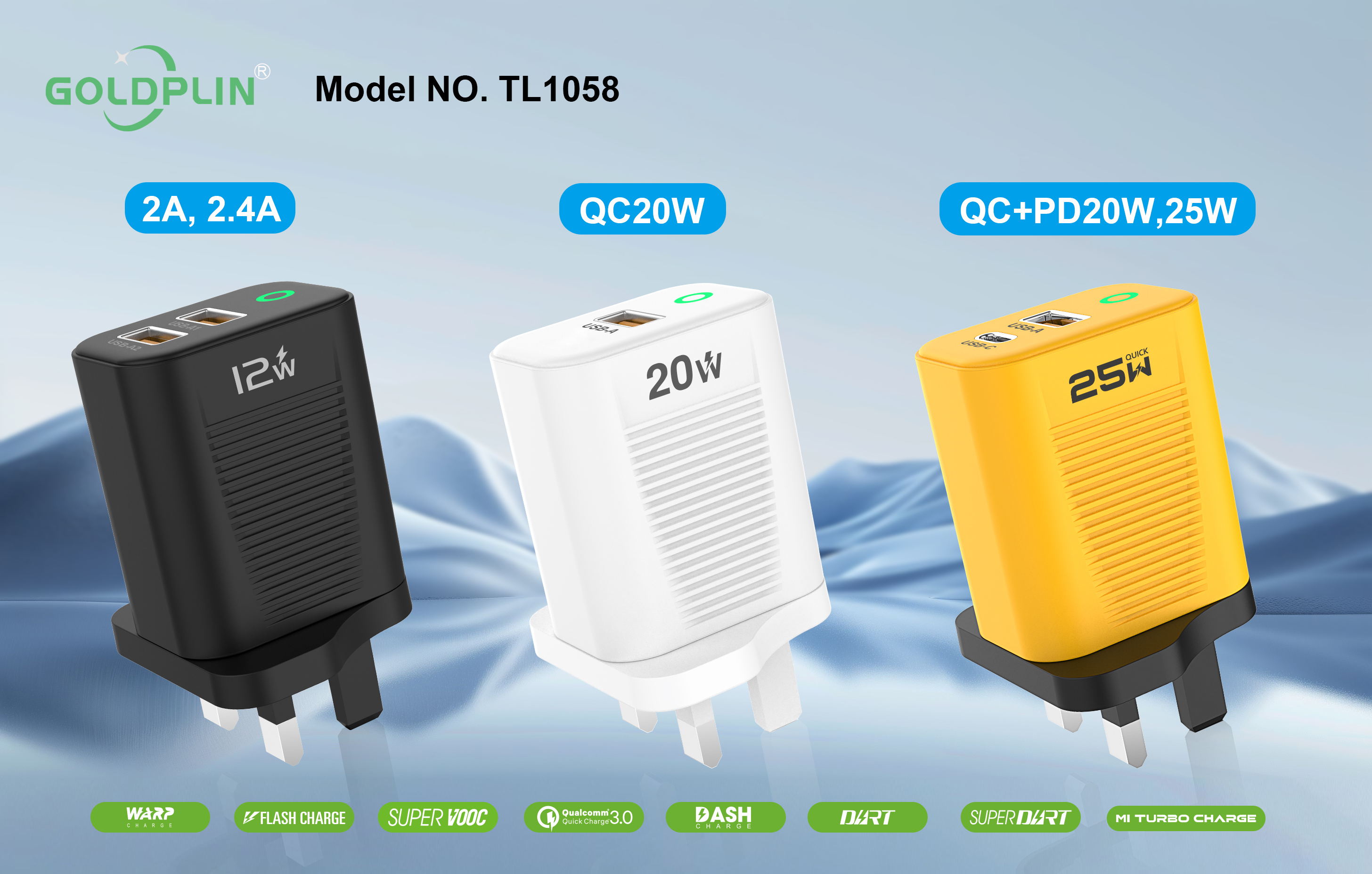 TL1058 UK PIN Super Fast Phone Charger Full protocol 2A.2.4A/QC+PD/QC 12W/20W/25W/30W, Custom phone chargers factory