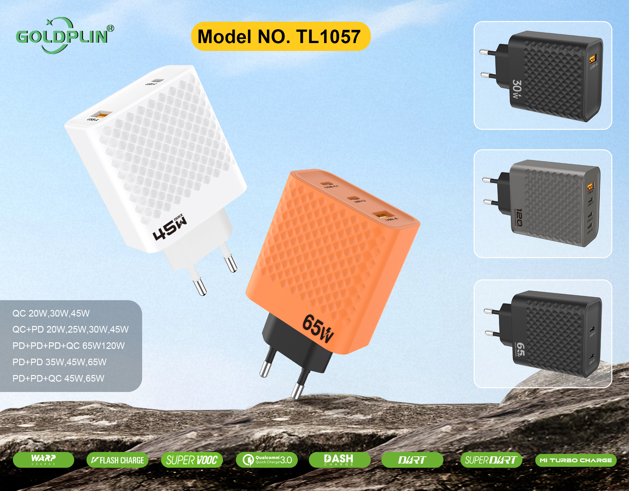 TL1057 EU PIN Phone Fast charger Full protocol custom phone charger QC/A+C/2PD/A+C+C/A+C+C+C 20W/25W/30W/35W/45W/65W/120W