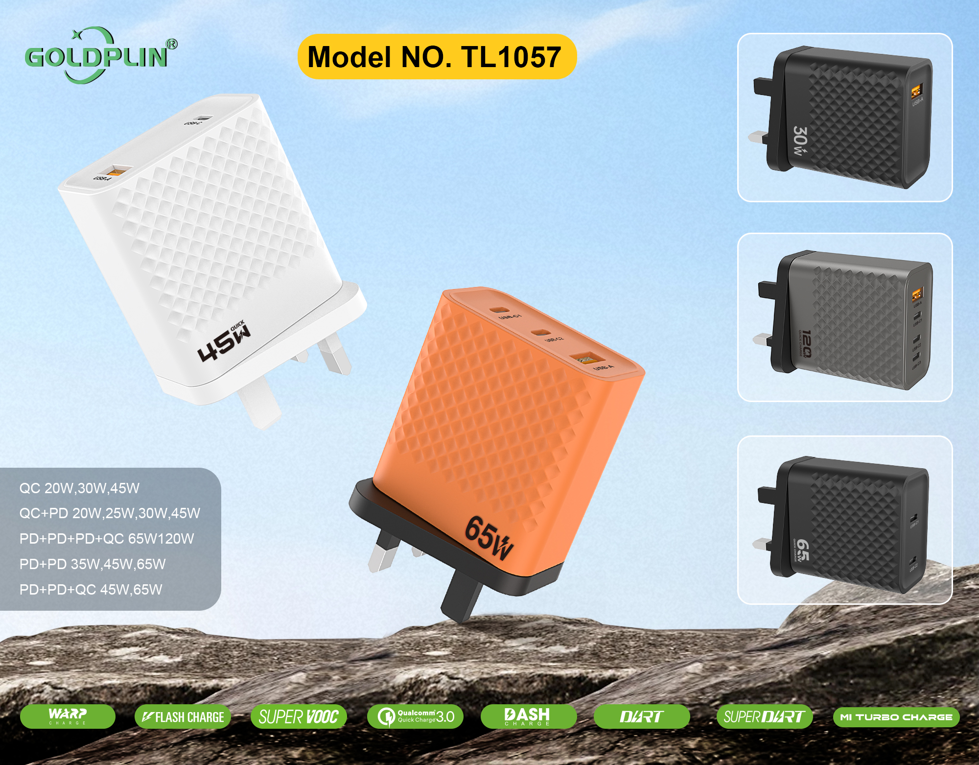 TL1057 UK PIN Phone Quciky charger Full protocol custom phone charger QC/A+C/2PD/A+C+C/A+C+C+C 20W/25W/30W/35W/45W/65W/120W