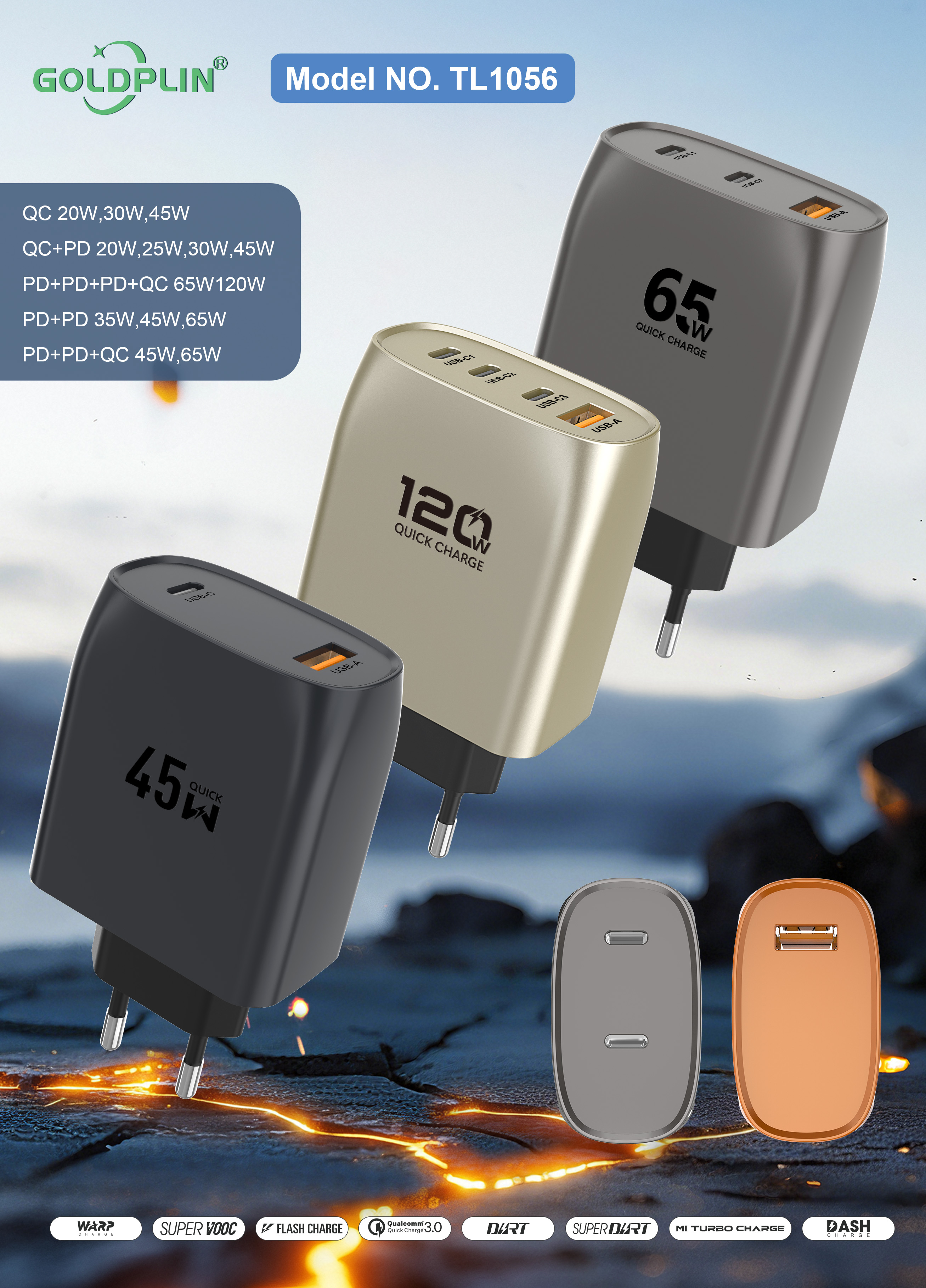 TL1056 EU PIN Phone Fast charger Full protocol custom phone charger QC/A+C/2PD/A+C+C/A+C+C+C 20W/25W/30W/35W/45W/65W/120W