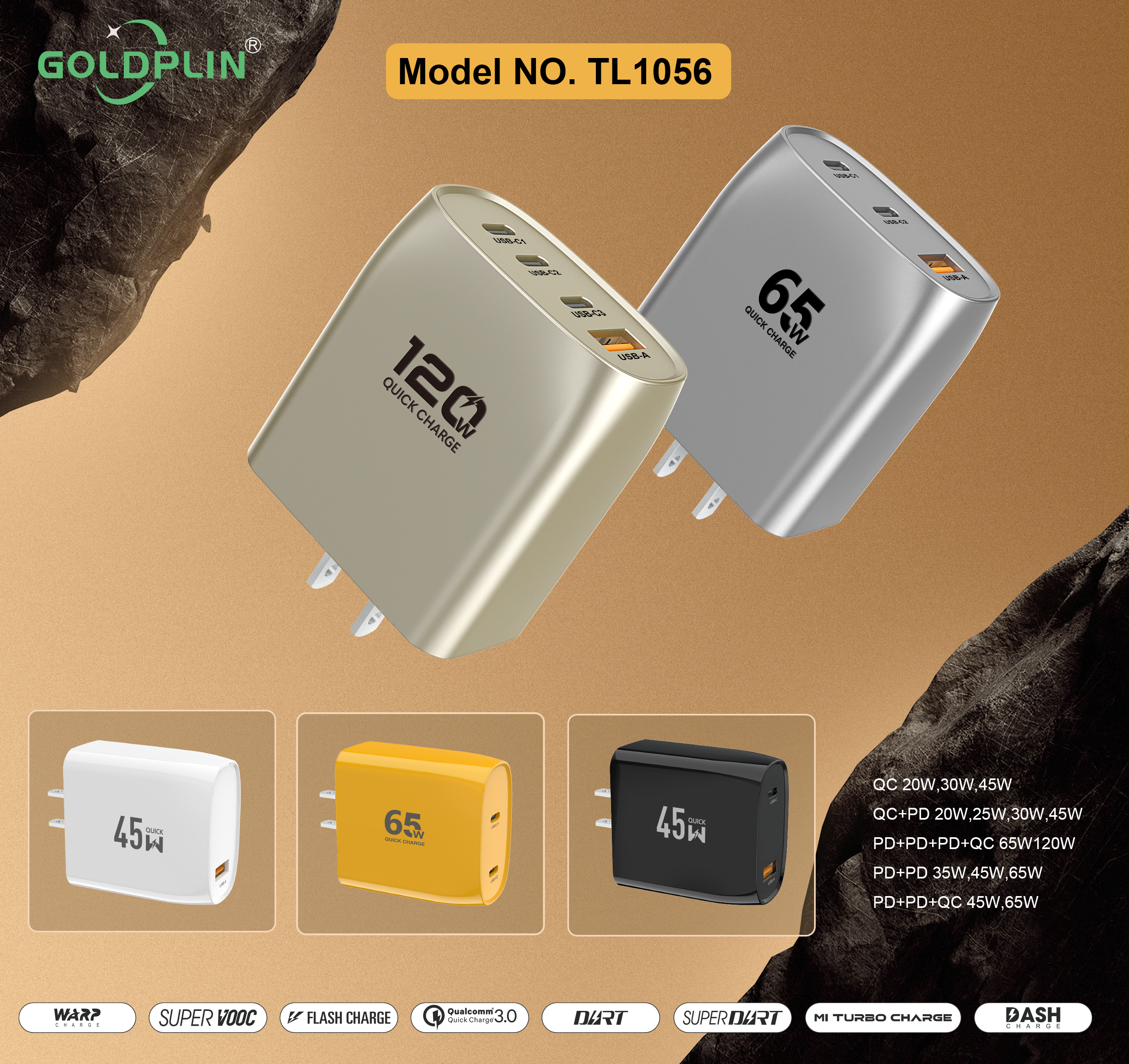 TL1056 US PIN Phone Fast charger Full protocol custom phone charger QC/A+C/2PD/A+C+C/A+C+C+C 20W/25W/30W/35W/45W/65W/120W