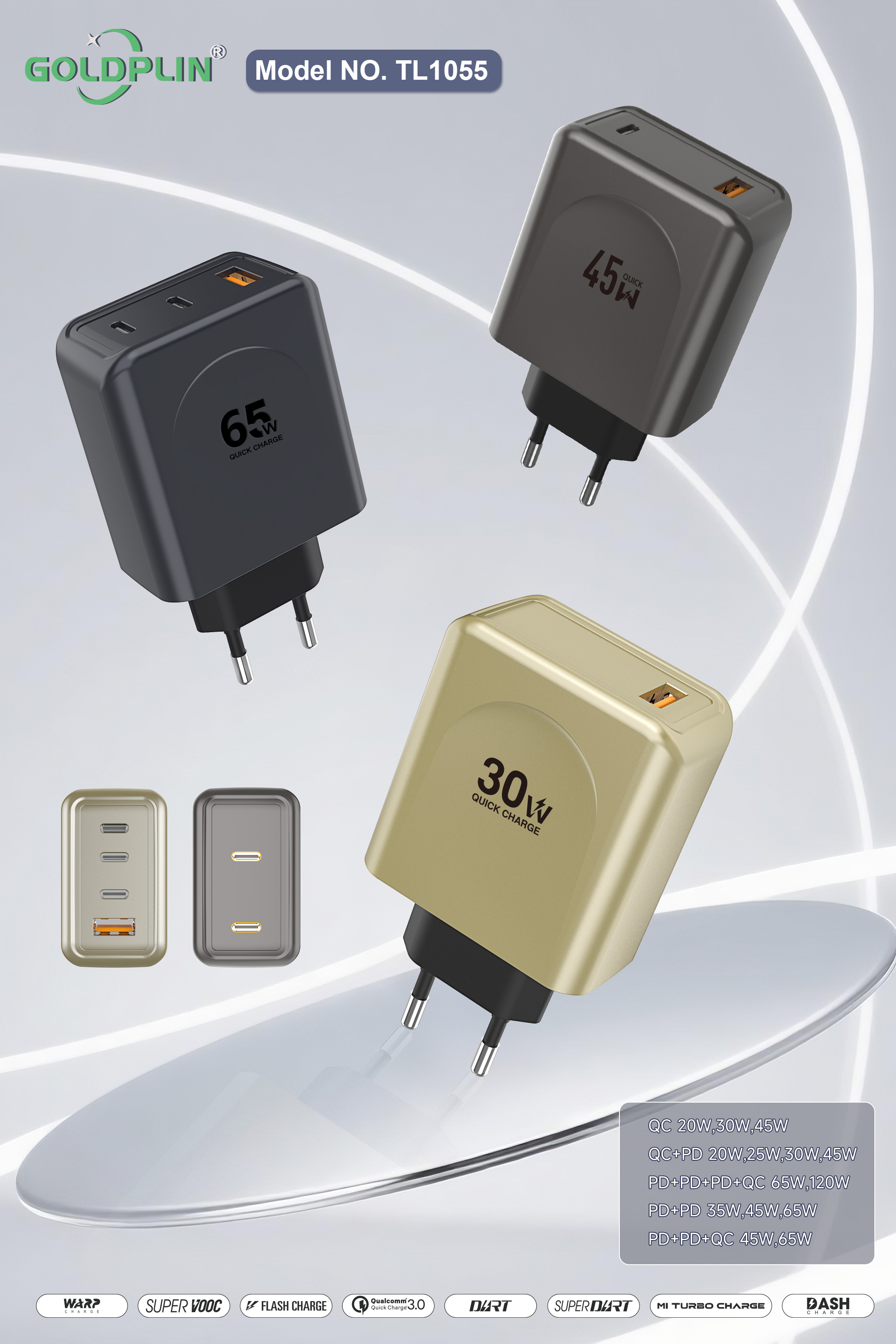 TL1055 EU PIN Phone Fast charger Full protocol custom phone charger QC/A+C/2PD/A+C+C/A+C+C+C 20W/25W/30W/35W/45W/65W/120W