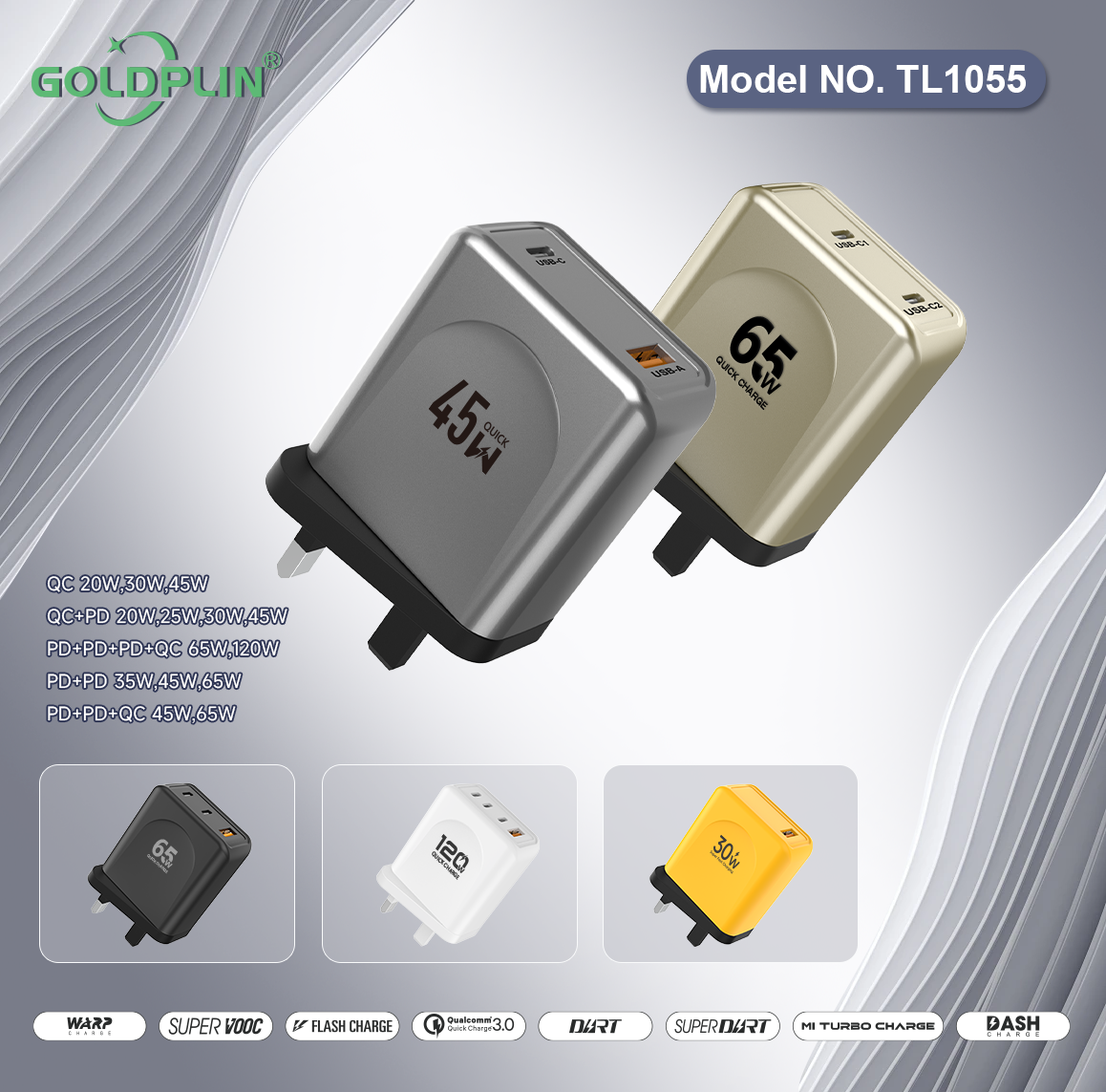 TL1055 UK PIN Phone Fast charger Full protocol custom phone charger QC/A+C/2PD/A+C+C/A+C+C+C 20W/25W/30W/35W/45W/65W/120W