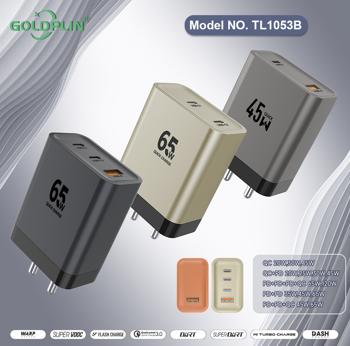TL 1053B BIS PIN Phone Fast charger Full protocol custom phone charger QC/A+C/2PD/A+C+C/A+C+C+C 20W/25W/30W/35W/45W/65W/120W
