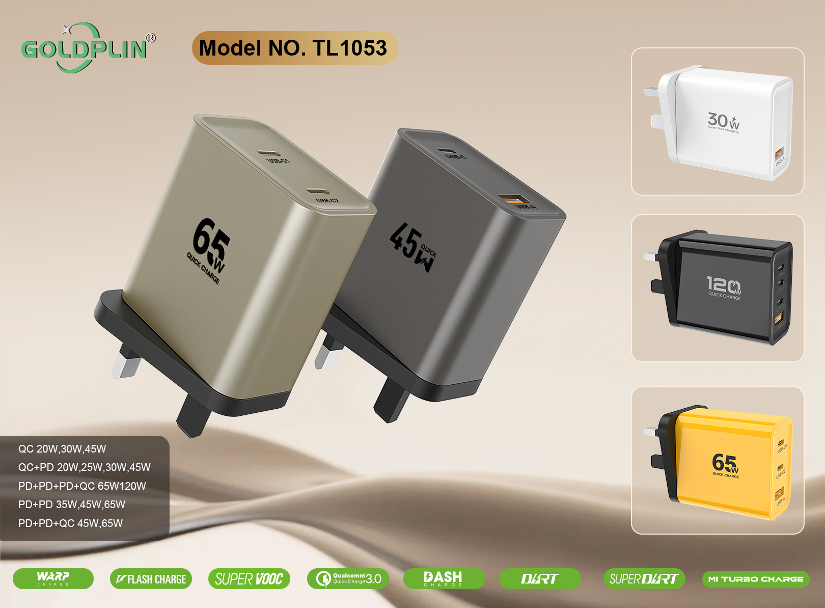 TL1053 UK PIN Phone Fast charger Full protocol custom phone charger QC/A+C/2PD/A+C+C/A+C+C+C 20W/25W/30W/35W/45W/65W/120W