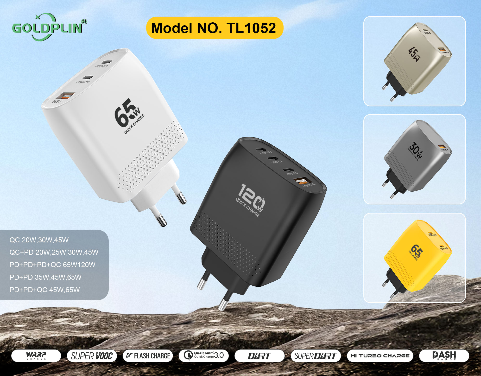TL1052 EU PIN Fast charger Full protocol custom phone charger QC/A+C/2PD/A+C+C/A+C+C+C 20W/25W/30W/35W/45W/65W/120W