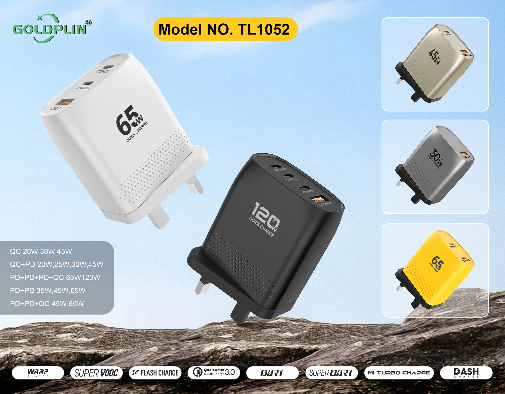 TL1052 UK PIN Fast charger Full protocol custom phone charger QC/A+C/2PD/A+C+C/A+C+C+C 20W/25W/30W/35W/45W/65W/120W