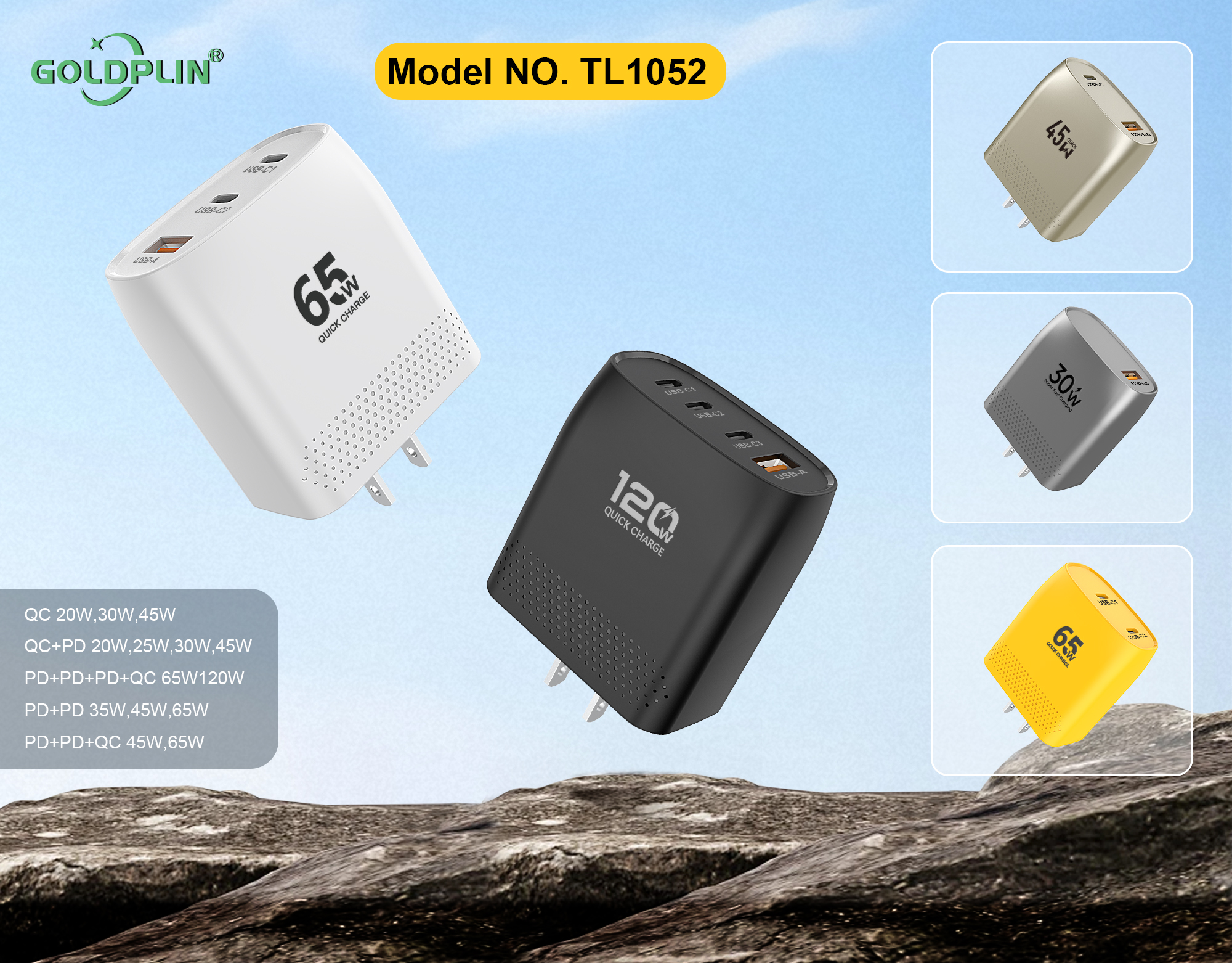 TL1052 US PIN Fast charger Full protocol custom phone charger QC/A+C/2PD/A+C+C/A+C+C+C 20W/25W/30W/35W/45W/65W/120W