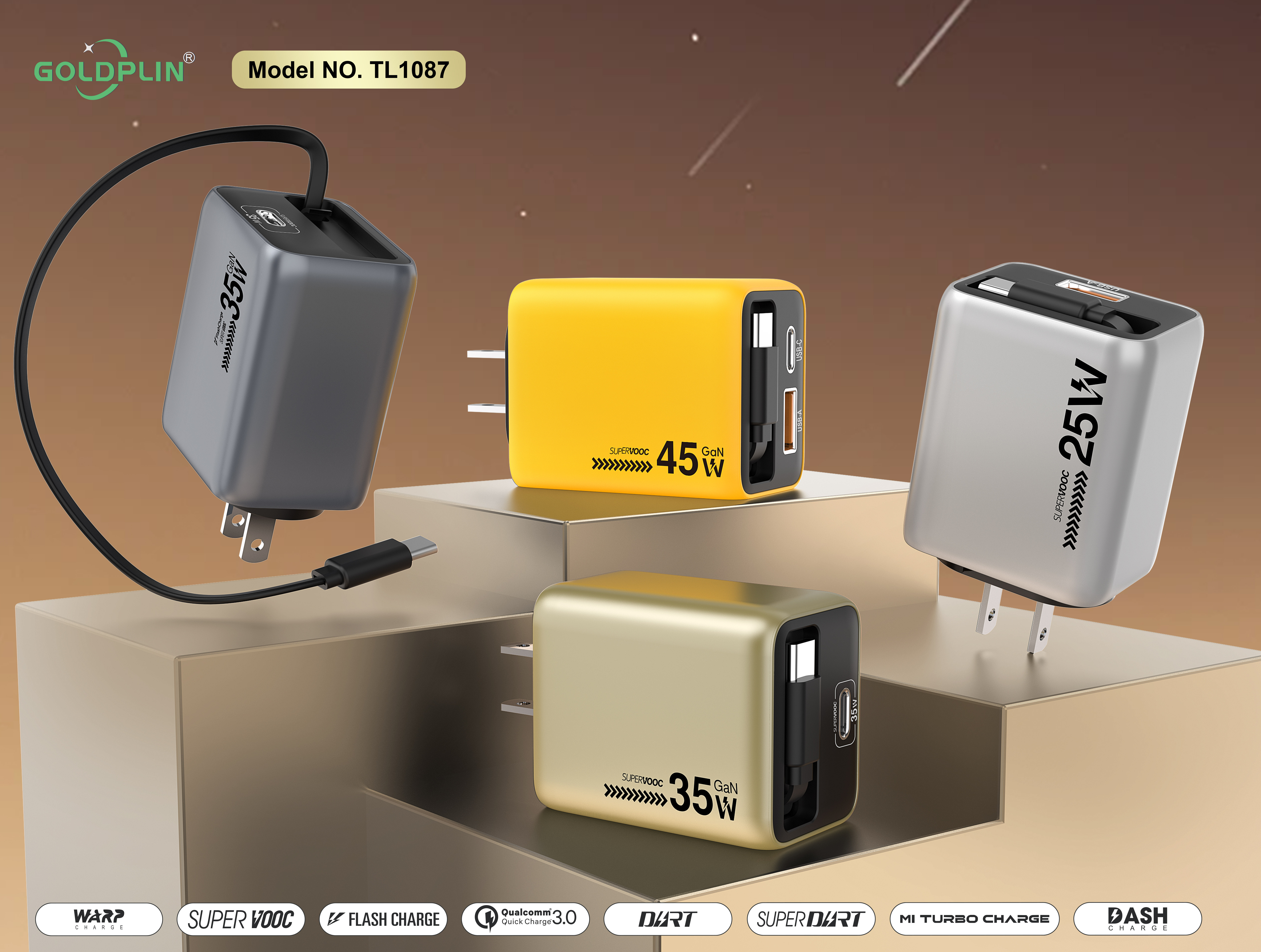 GoldplinTL1087 US PIN PD/QC/PD+QC 65W/45W/35W GaNCharger extension cable, fast charging head,Charging faster and safer,OEM