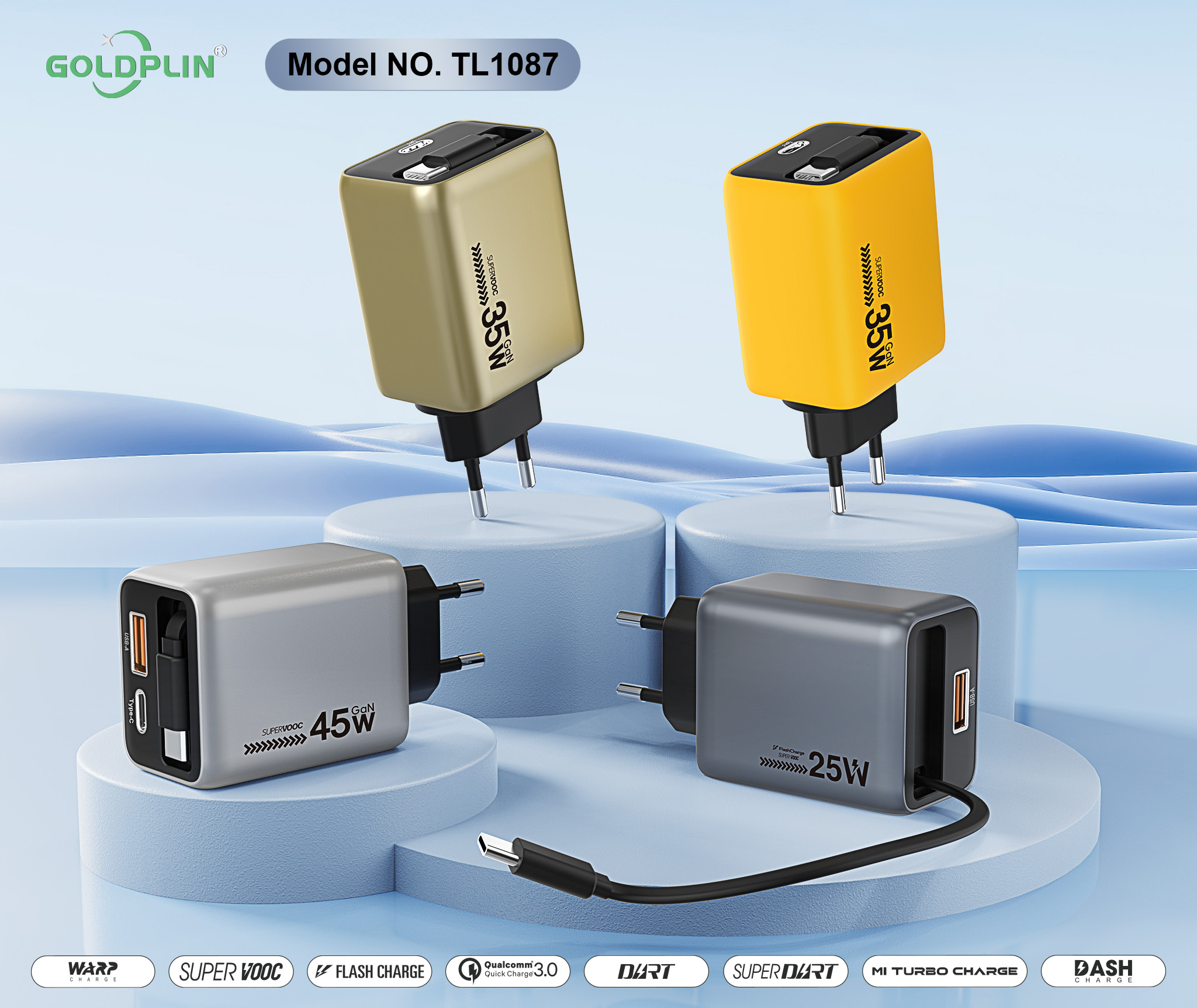 GoldplinTL1087 EU PIN PD/QC/PD+QC 65W/45W/35W GaNCharger extension cable, fast charging head,Charging faster and safer,OEM