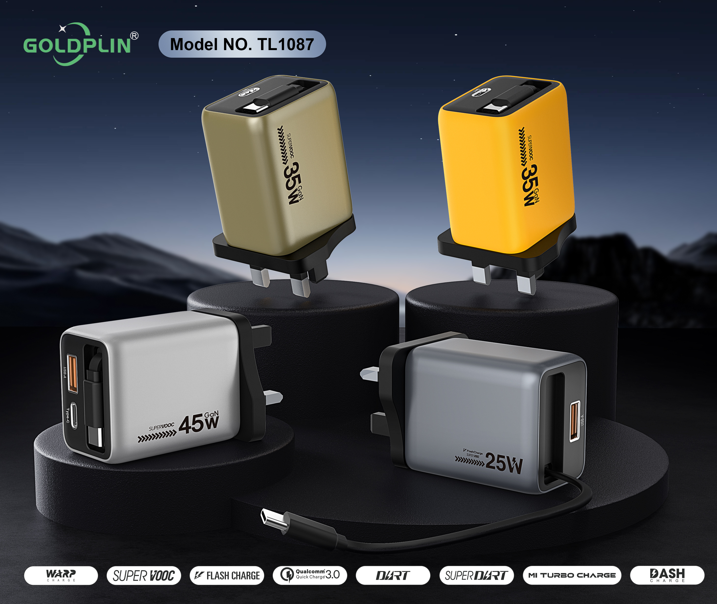 Goldplin TL1087UK PIN PD/QC/PD+QC 65W/45W/35W GaNCharger extension cable, fast charging head,Charging faster and safer,OEM