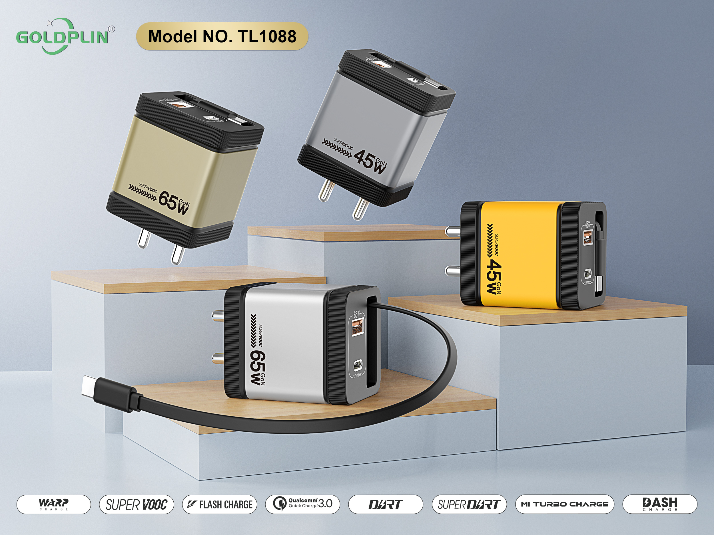 Goldplin TL1088 BIS PIN PD/QC/PD+QC 65W/45W/35W GaNCharger extension cable, fast charging head,Charging faster and safer,OEM
