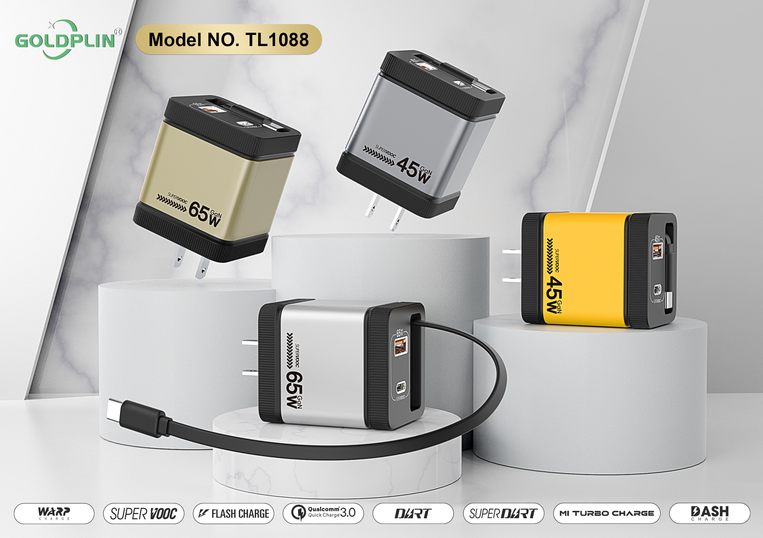 Goldplin TL1088 US PIN PD/QC/PD+QC 65W/45W/35W GaNCharger extension cable, fast charging head,Charging faster and safer,OEM