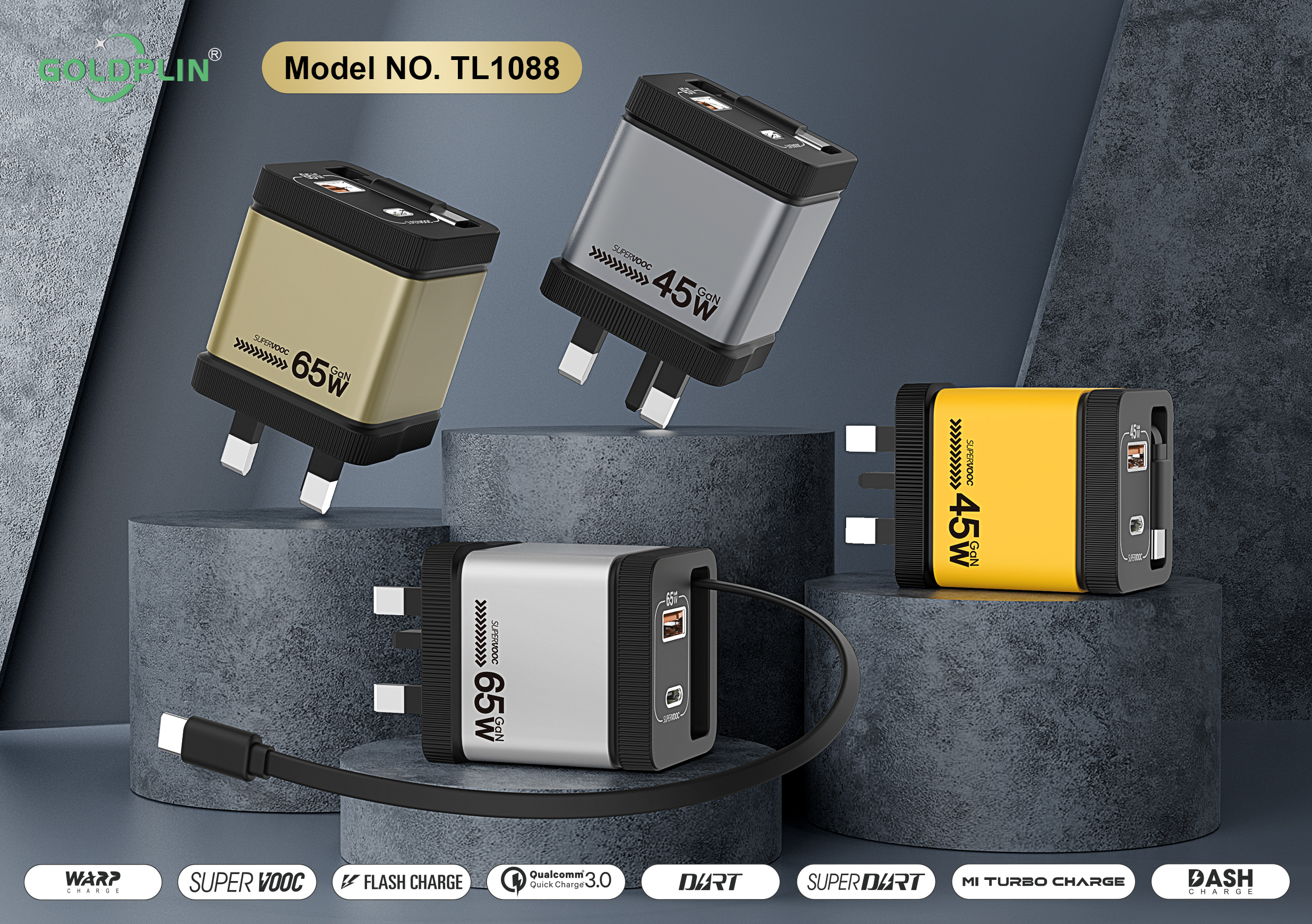 Goldplin TL1088 UK PIN PD/QC/PD+QC 65W/45W/35W GaNCharger extension cable, fast charging head,Charging faster and safer,OEM