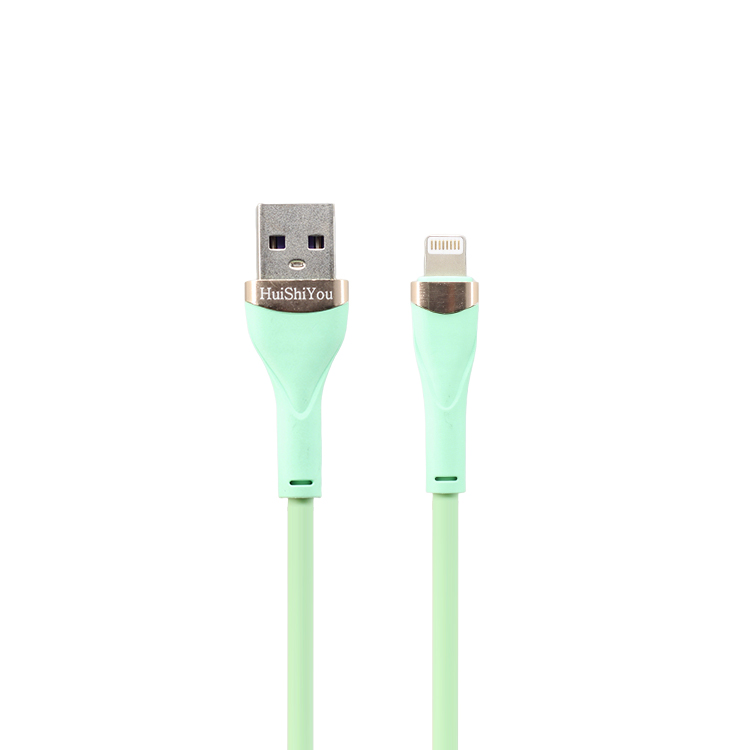 1m liquid silicone USB-A to Lightning data cable specifications: 4-core cable (2-core charging +2-core data), supporting 2A char