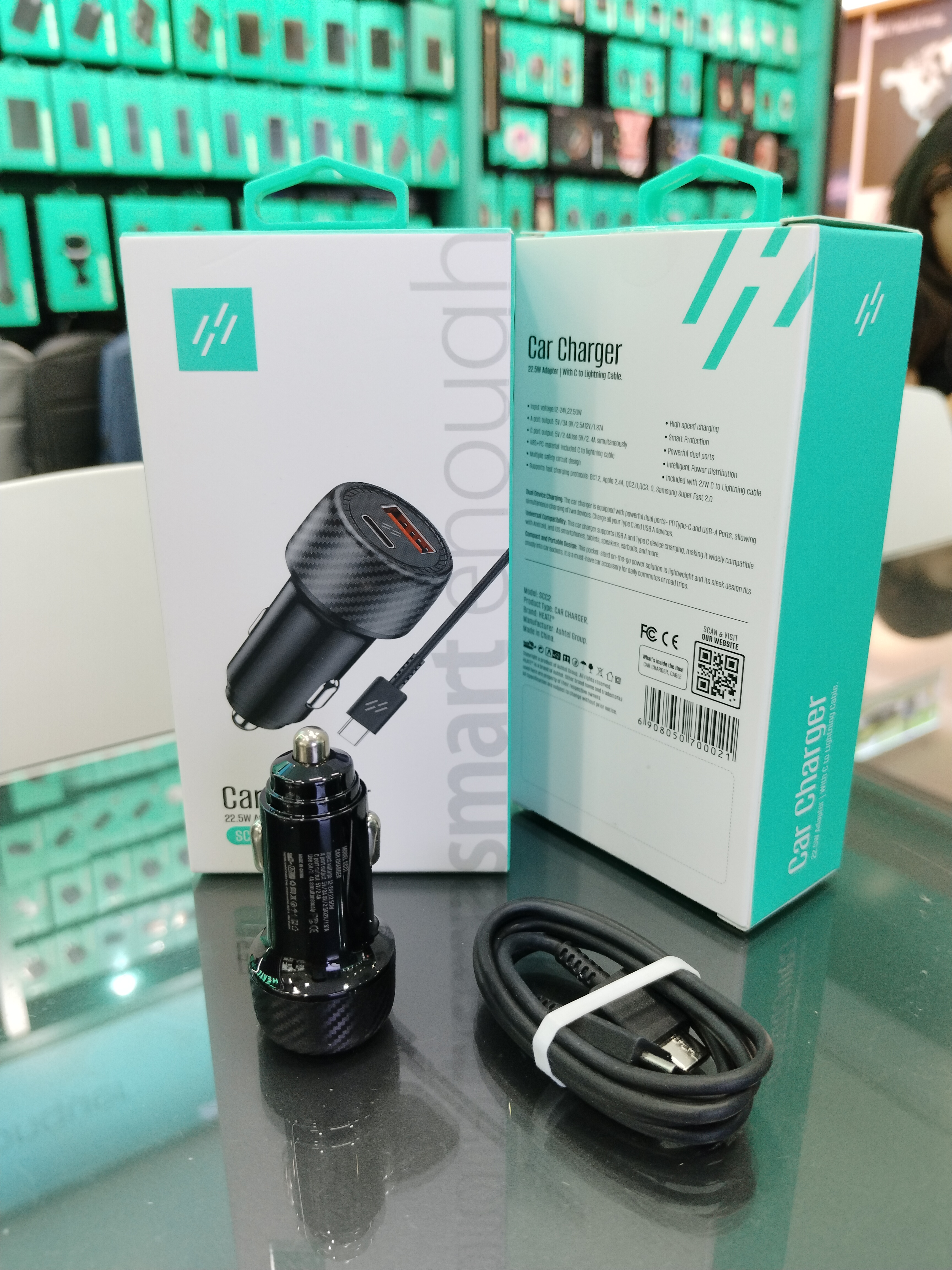 HEATZ SCC1 High Quality 22.5W Dual Port PD QC3.0 Type-C Fast Charging OTP Protection Car Charger for Mobile Phone with Cable