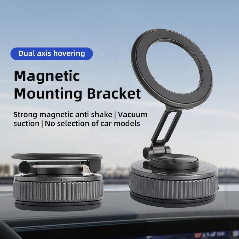 360-degree rotating and foldable magnetic vacuum suction cup car phone holder. Innovative design. Made of metal.