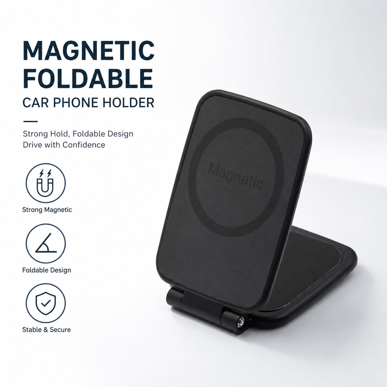 Portable foldable magnetic ABS black phone holder, adjustable angle, universal phone holder, compact, non-slip phone holder, des